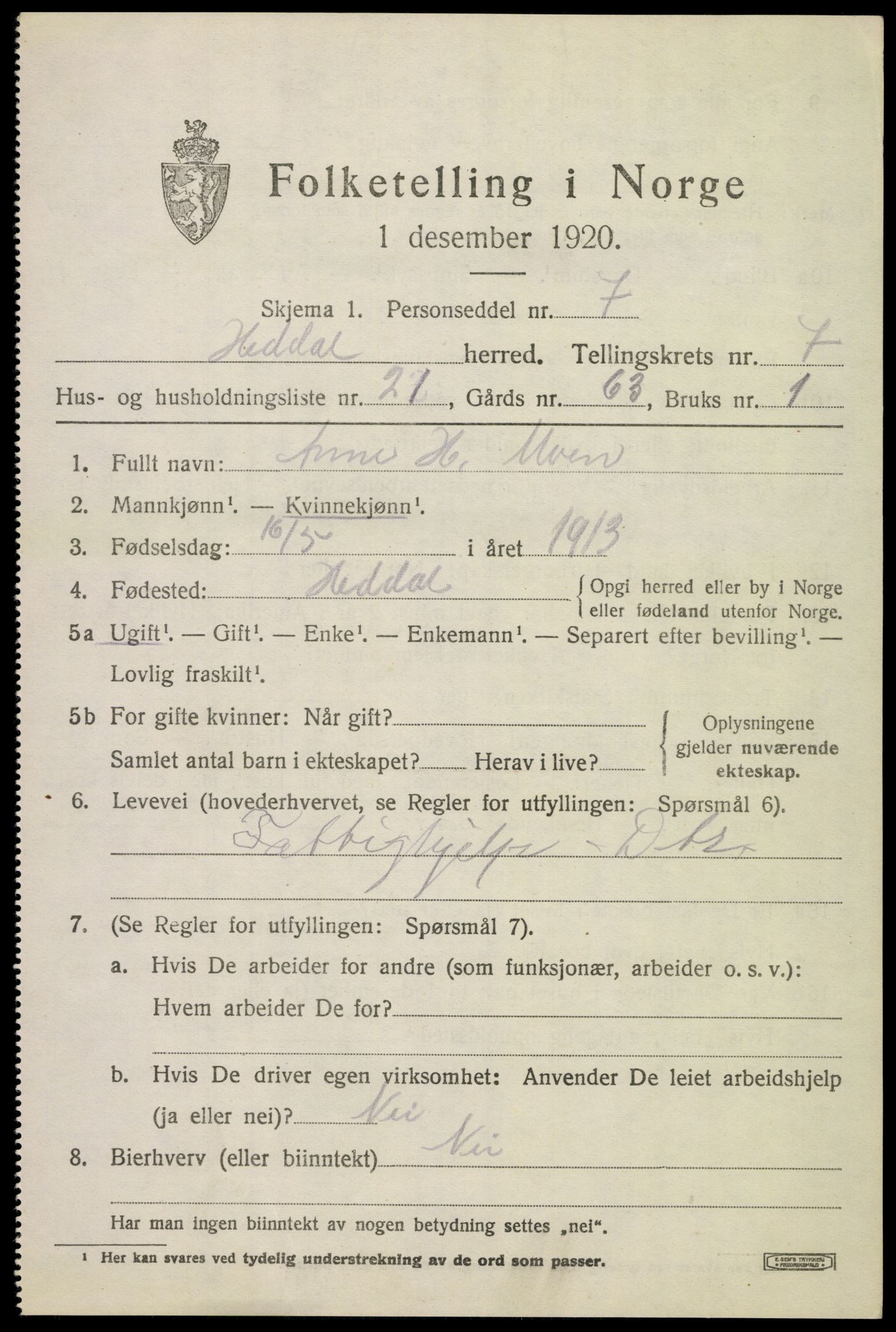 SAKO, 1920 census for Heddal, 1920, p. 5656