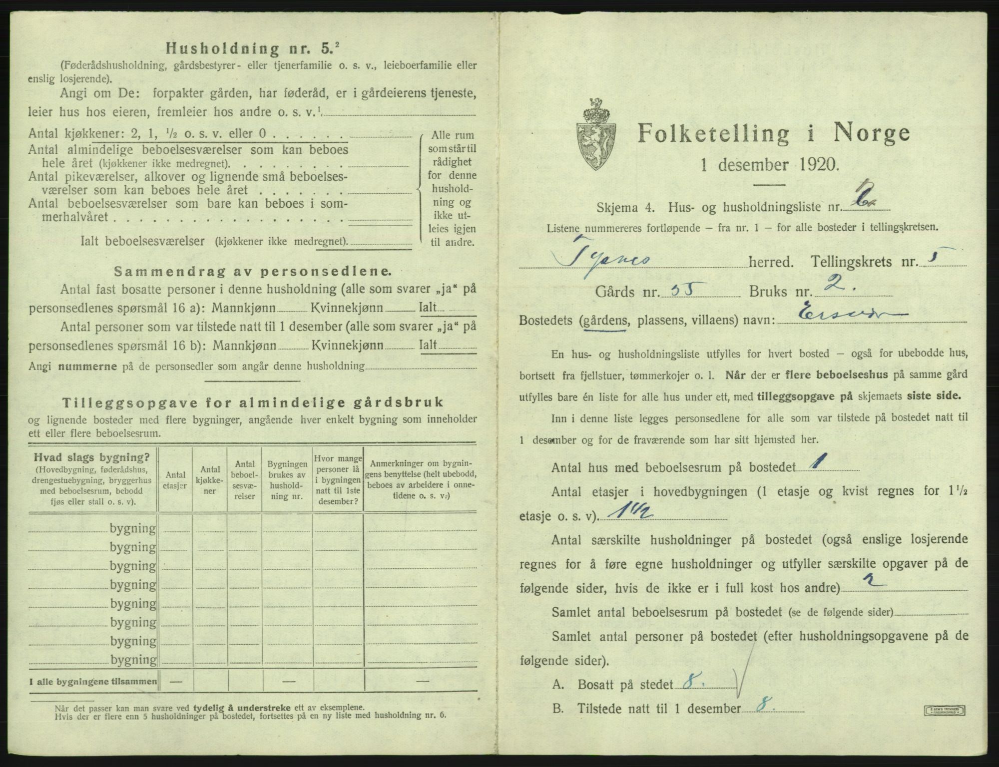 SAB, 1920 census for Tysnes, 1920, p. 424