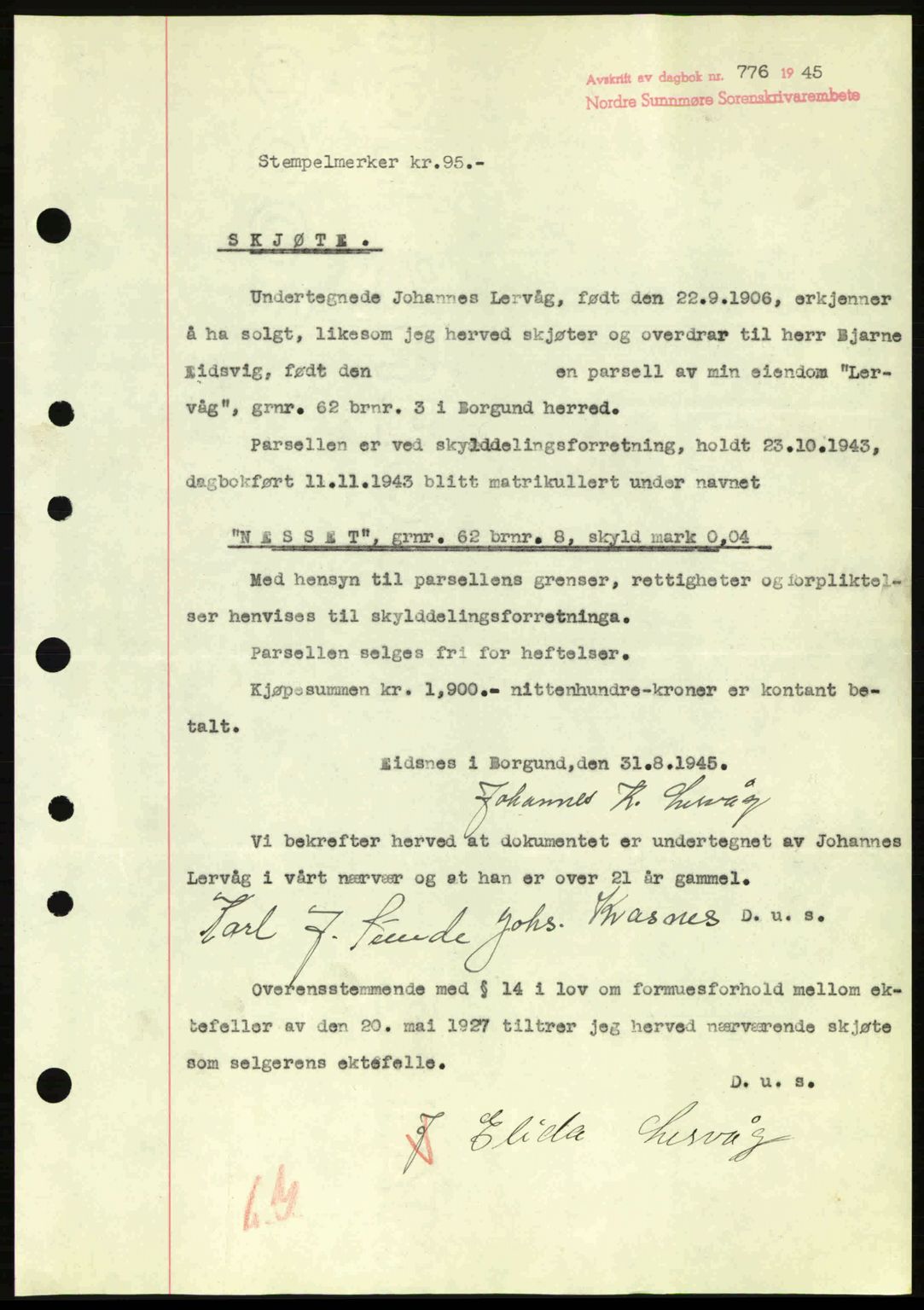 Nordre Sunnmøre sorenskriveri, AV/SAT-A-0006/1/2/2C/2Ca: Mortgage book no. A20a, 1945-1945, Diary no: : 776/1945