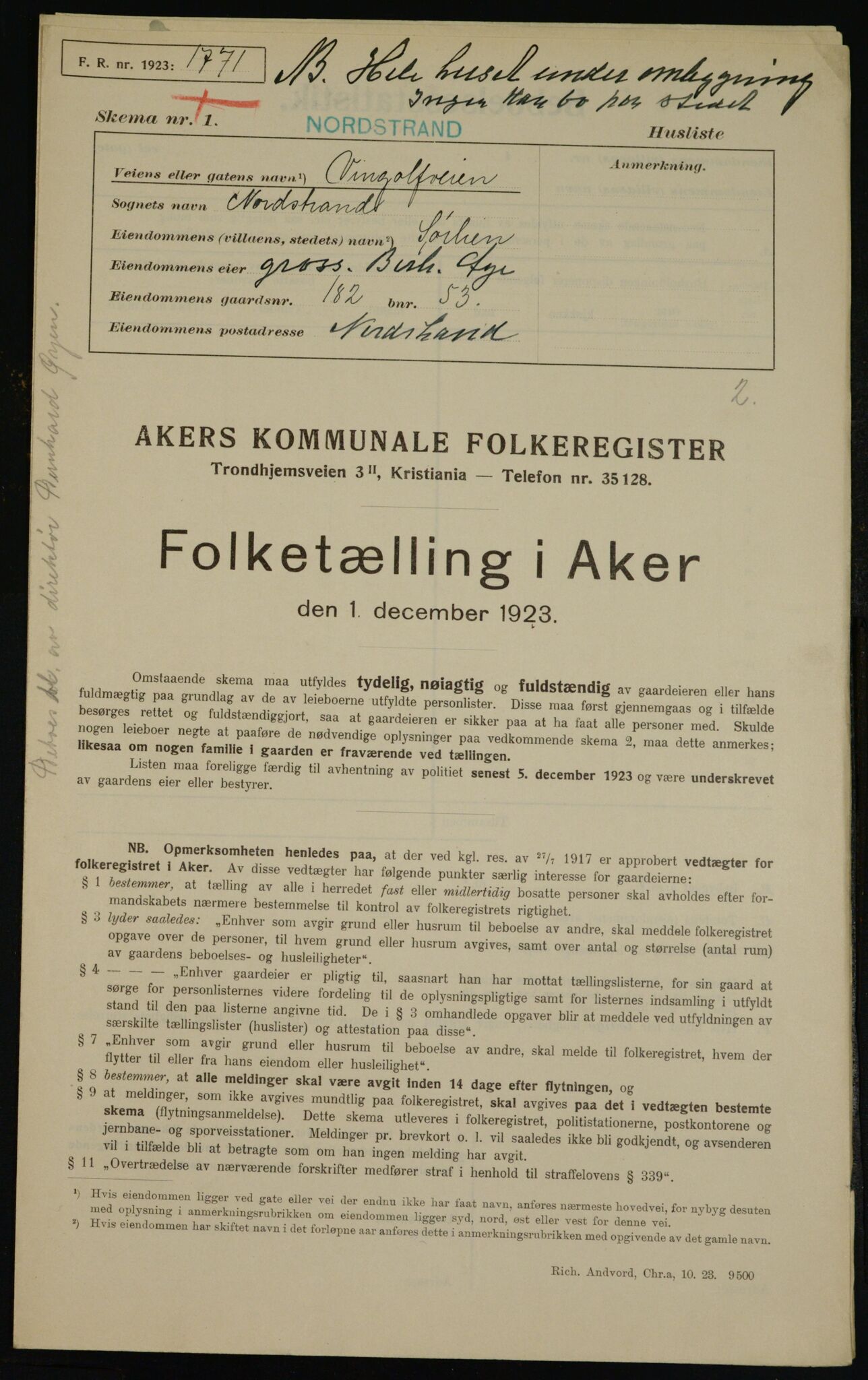 , Municipal Census 1923 for Aker, 1923, p. 46738