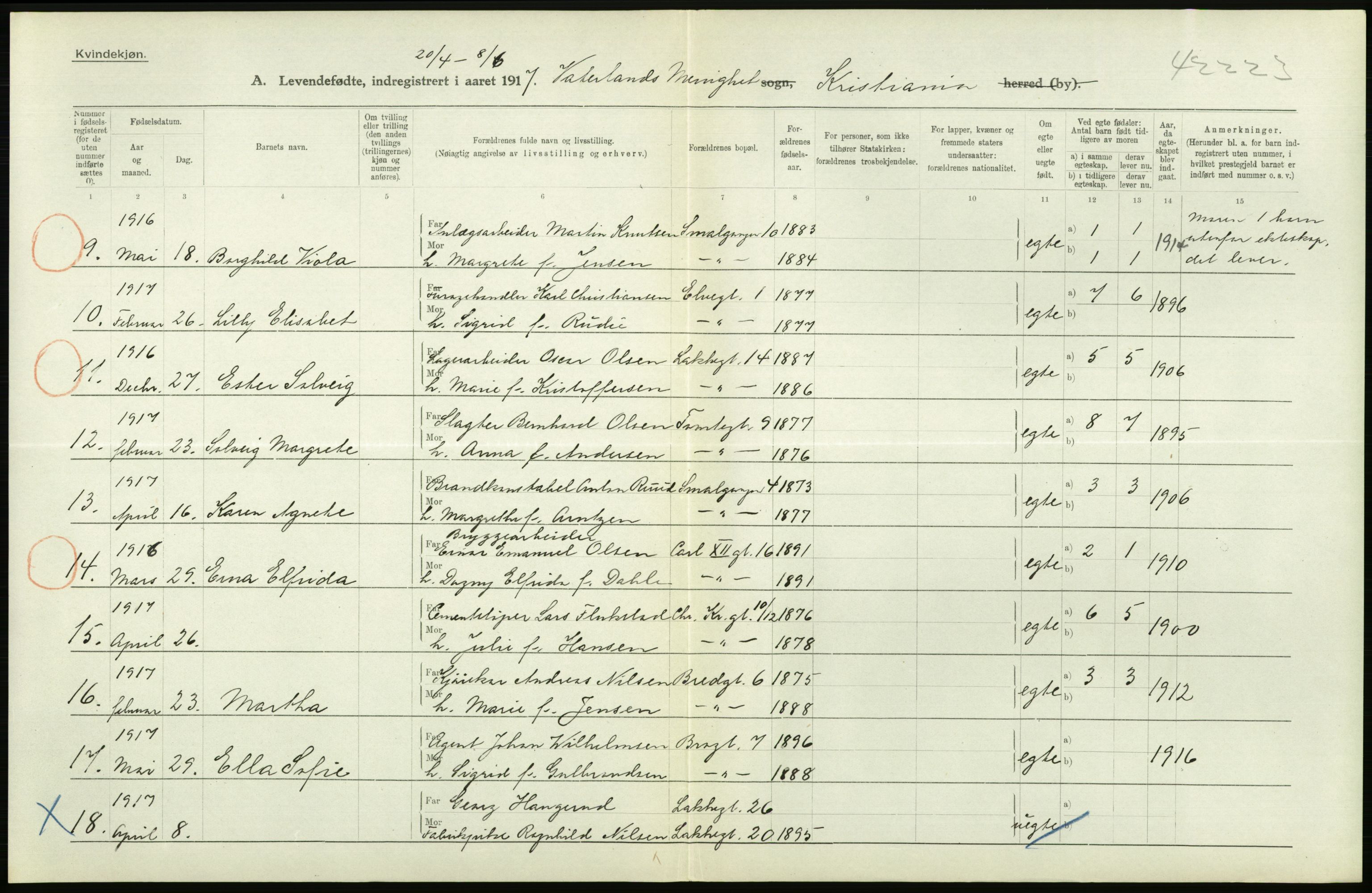 Statistisk sentralbyrå, Sosiodemografiske emner, Befolkning, AV/RA-S-2228/D/Df/Dfb/Dfbg/L0006: Kristiania: Levendefødte menn og kvinner., 1917, p. 530