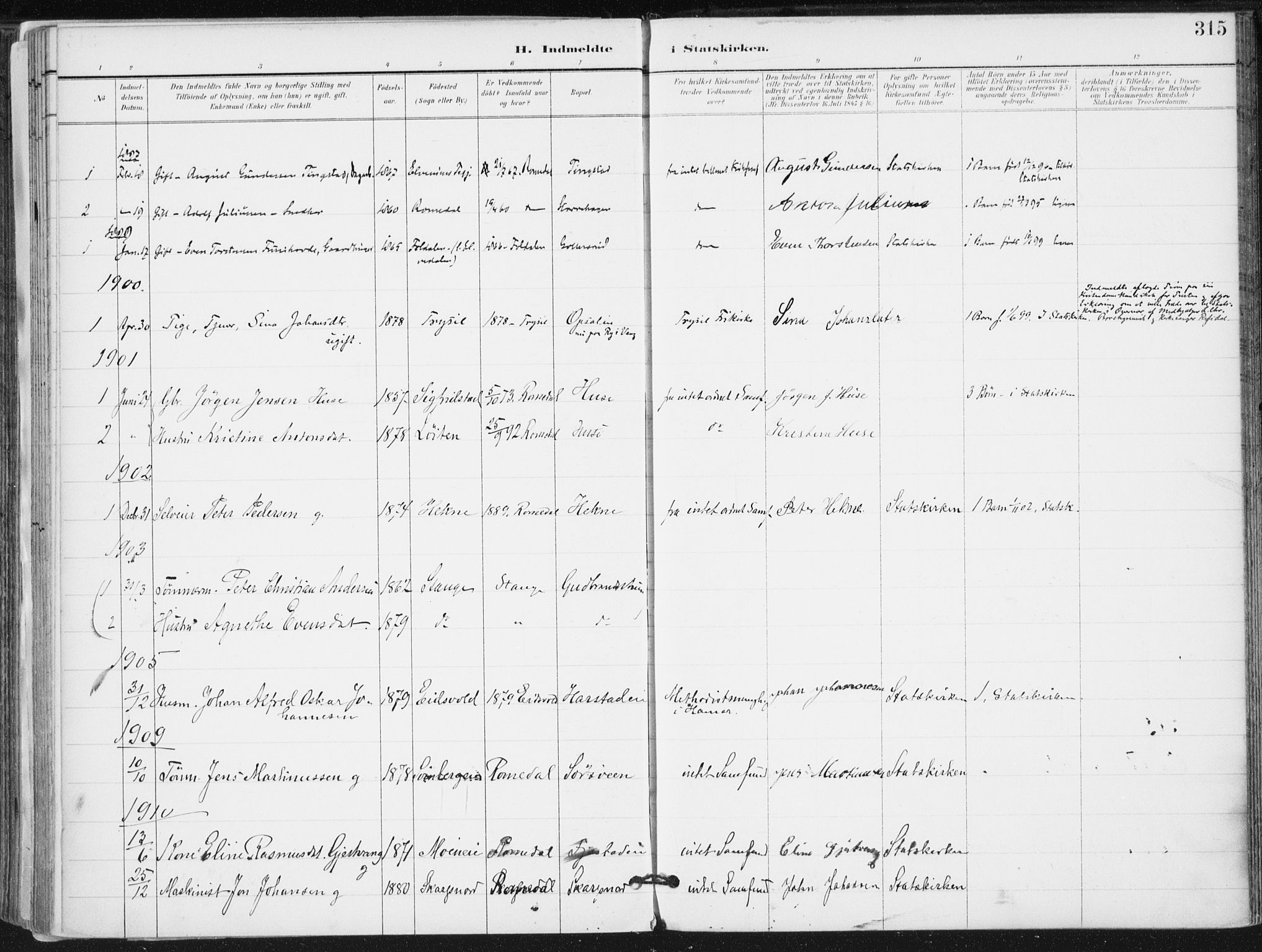 Romedal prestekontor, SAH/PREST-004/K/L0011: Parish register (official) no. 11, 1896-1912, p. 315