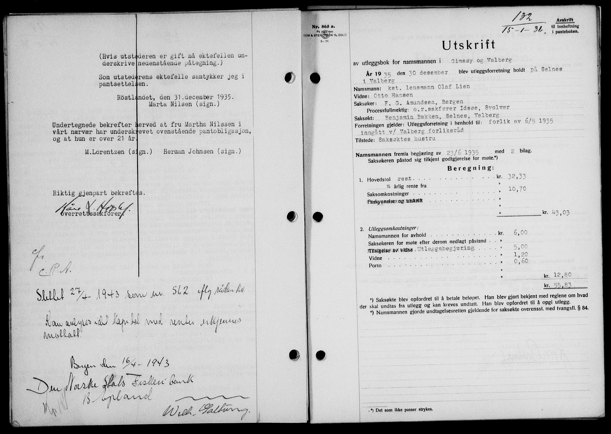 Lofoten sorenskriveri, SAT/A-0017/1/2/2C/L0033b: Mortgage book no. 33b, 1936-1936, Diary no: : 132/1936