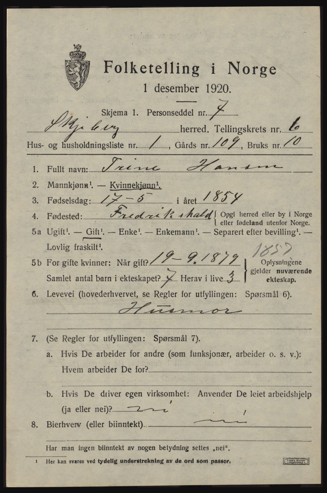 SAO, 1920 census for Skjeberg, 1920, p. 6611