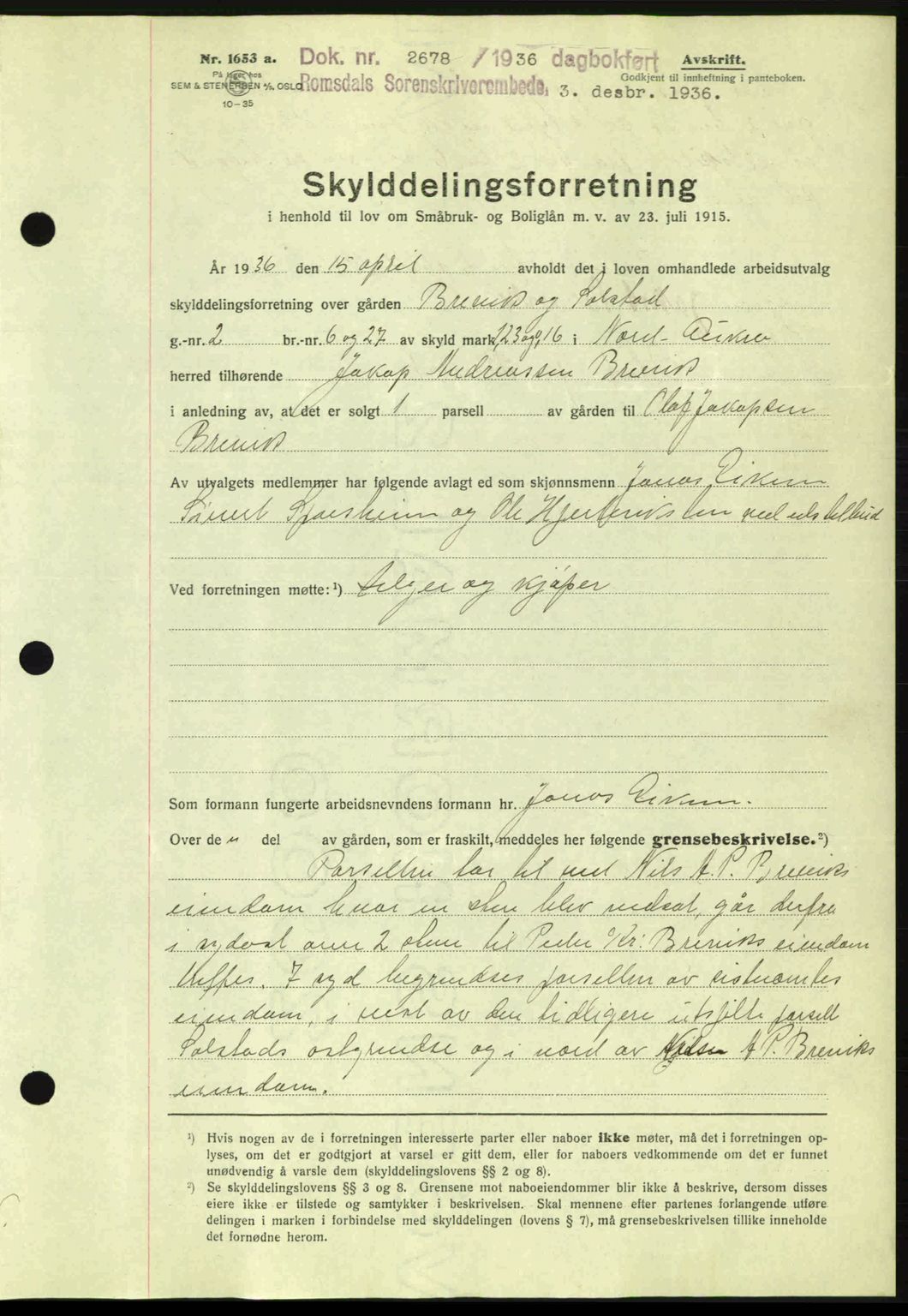 Romsdal sorenskriveri, SAT/A-4149/1/2/2C: Mortgage book no. A2, 1936-1937, Diary no: : 2678/1936