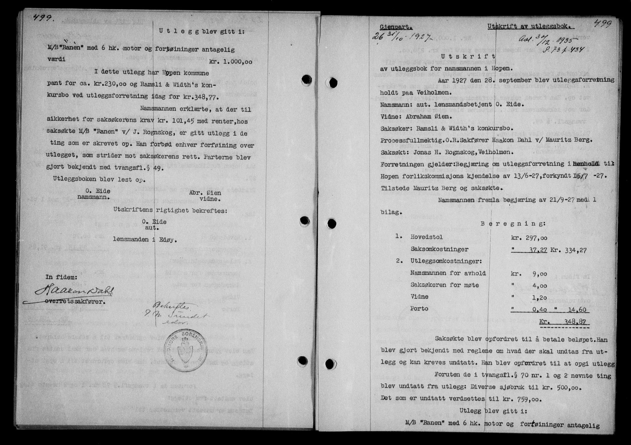 Nordmøre sorenskriveri, AV/SAT-A-4132/1/2/2Ca/L0062: Mortgage book no. 52, 1927-1927, Deed date: 31.10.1927