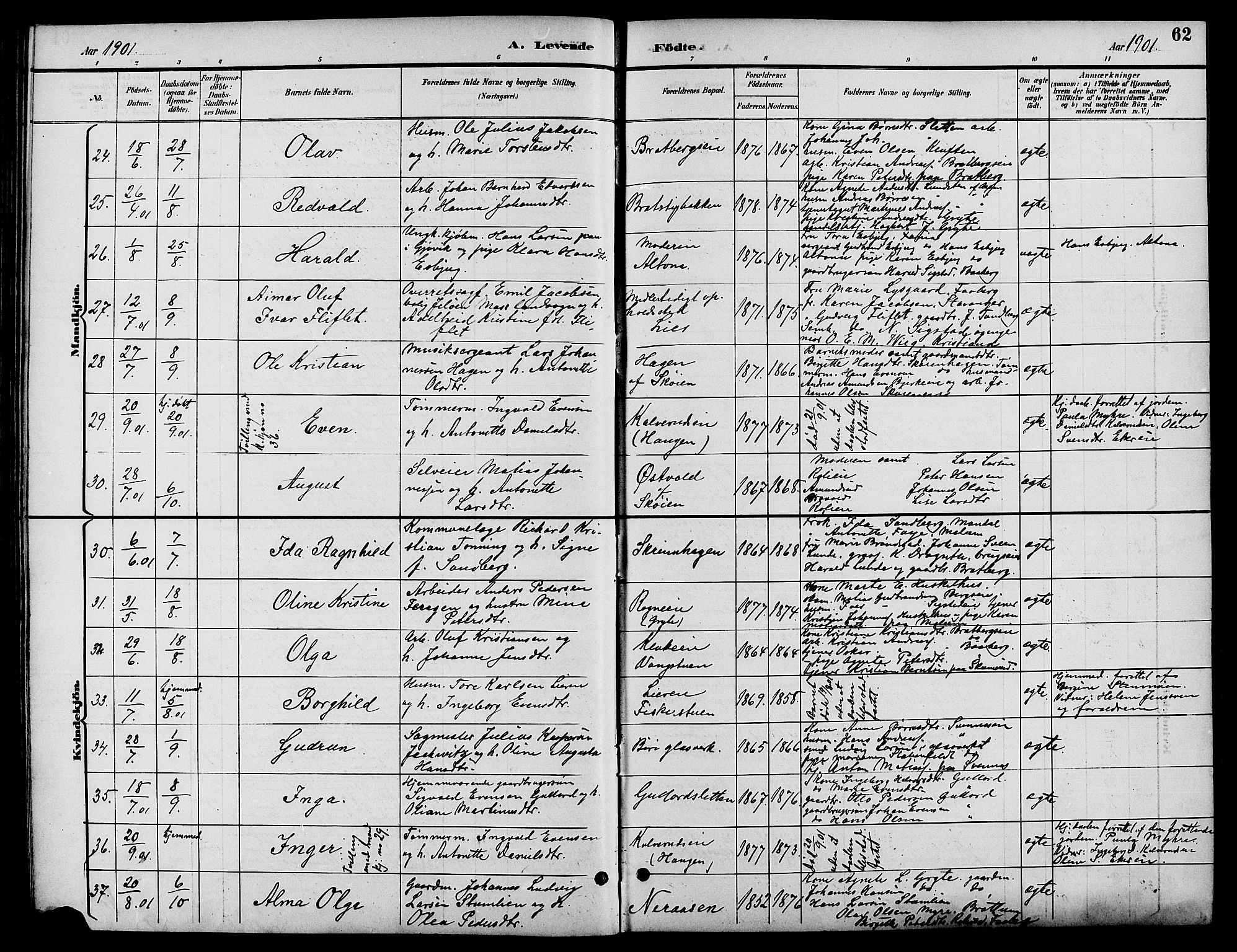 Biri prestekontor, SAH/PREST-096/H/Ha/Hab/L0004: Parish register (copy) no. 4, 1892-1909, p. 62