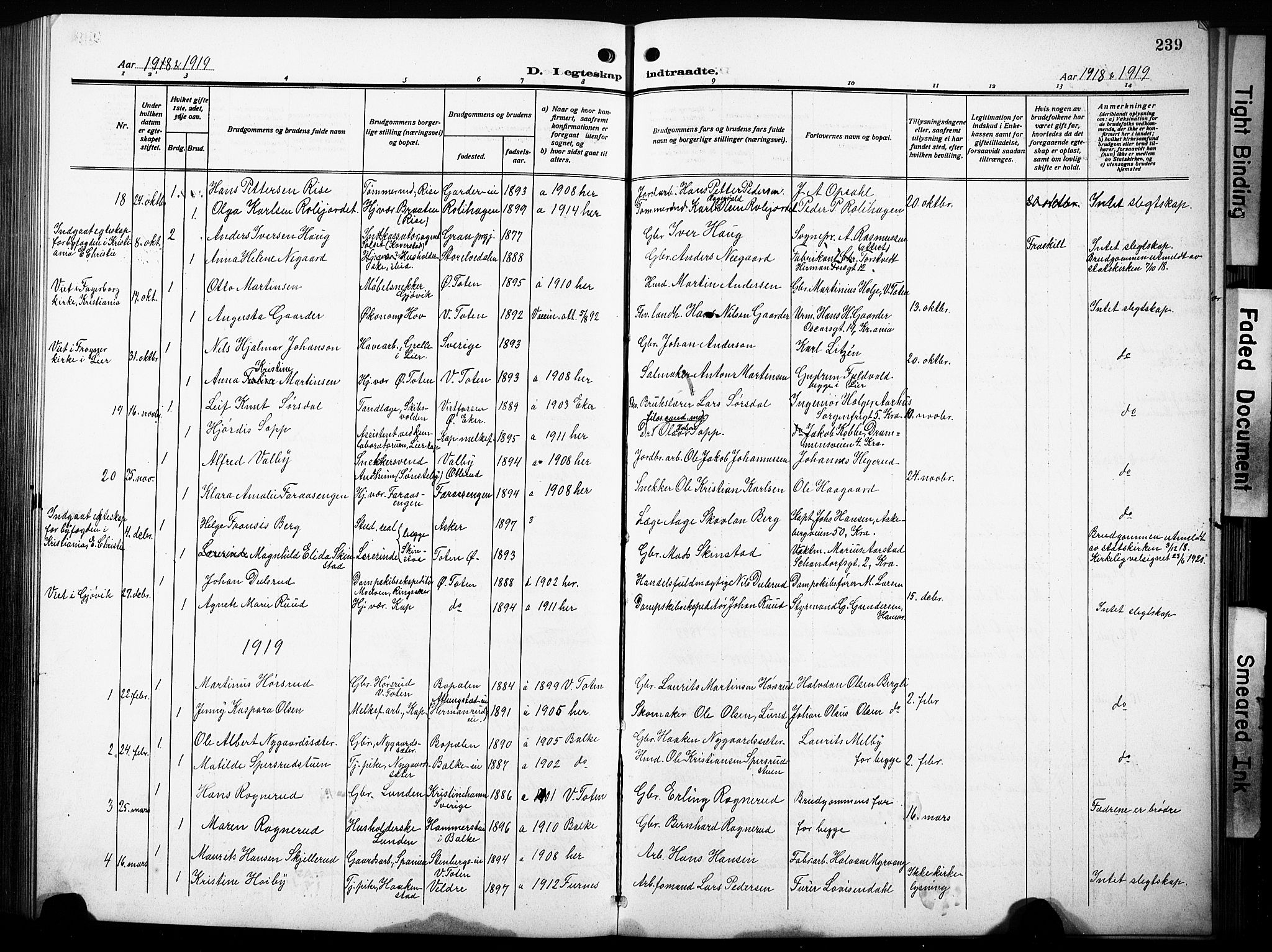 Østre Toten prestekontor, AV/SAH-PREST-104/H/Ha/Hab/L0010: Parish register (copy) no. 10, 1912-1933, p. 239