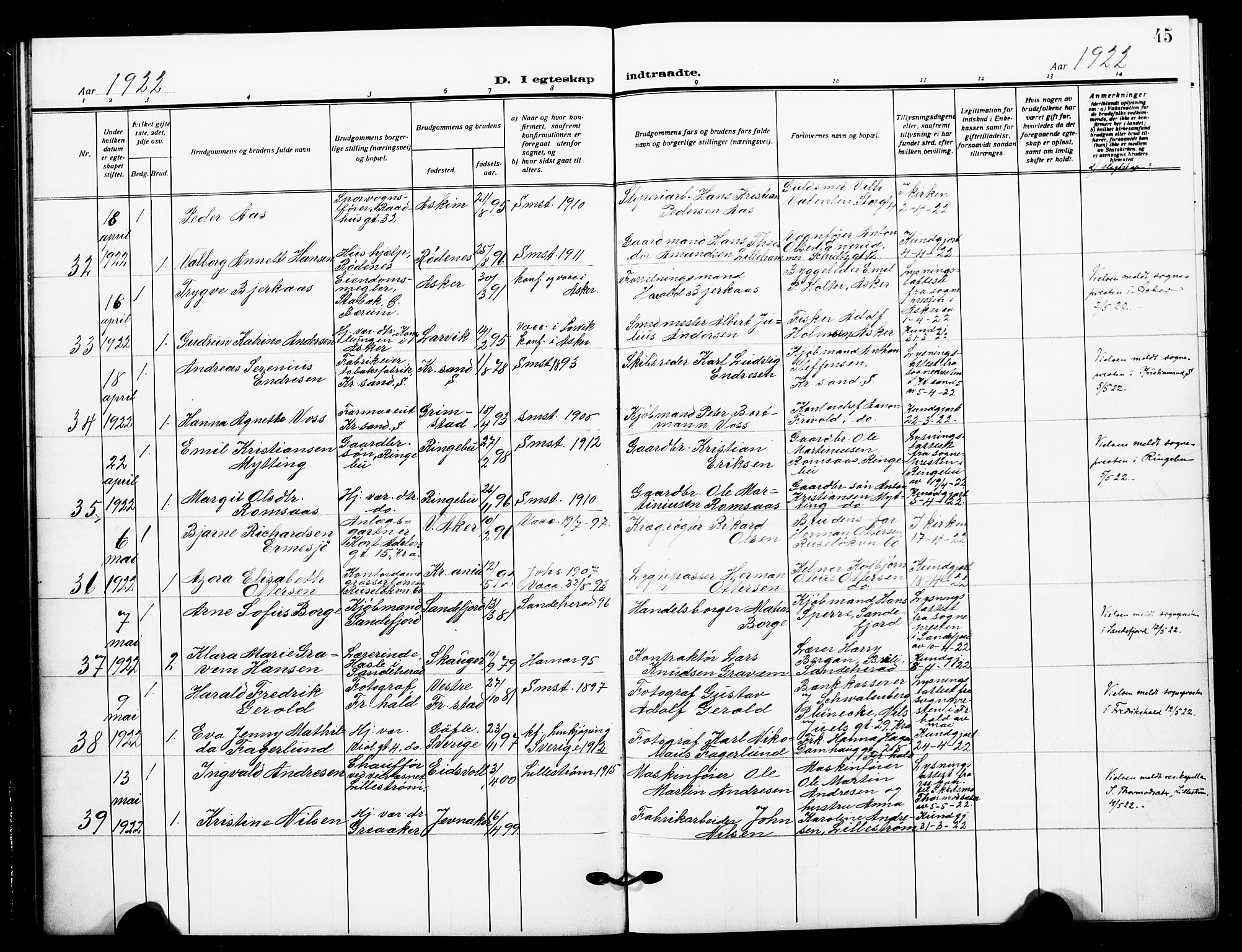 Johannes prestekontor Kirkebøker, AV/SAO-A-10852/F/Fa/L0013: Parish register (official) no. 13, 1919-1930, p. 45