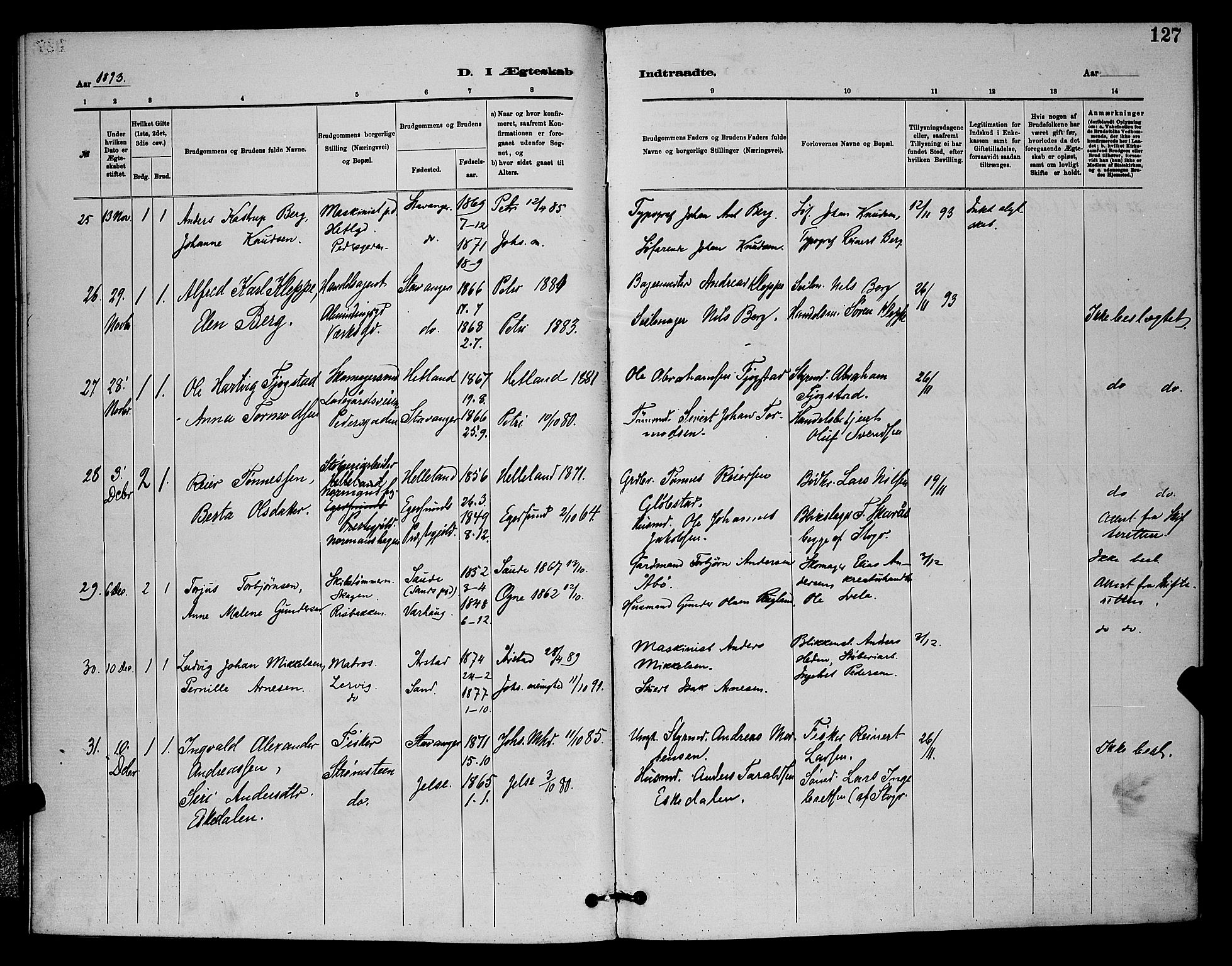 St. Johannes sokneprestkontor, AV/SAST-A-101814/001/30/30BB/L0001: Parish register (copy) no. B 1, 1885-1897, p. 127