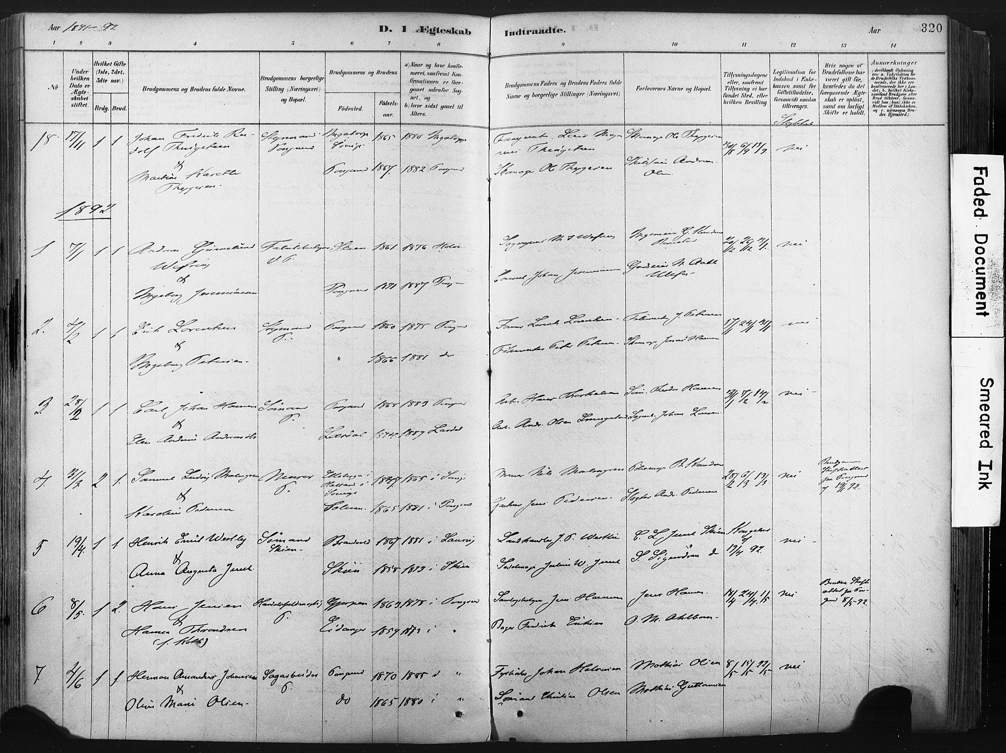 Porsgrunn kirkebøker , SAKO/A-104/F/Fa/L0008: Parish register (official) no. 8, 1878-1895, p. 320