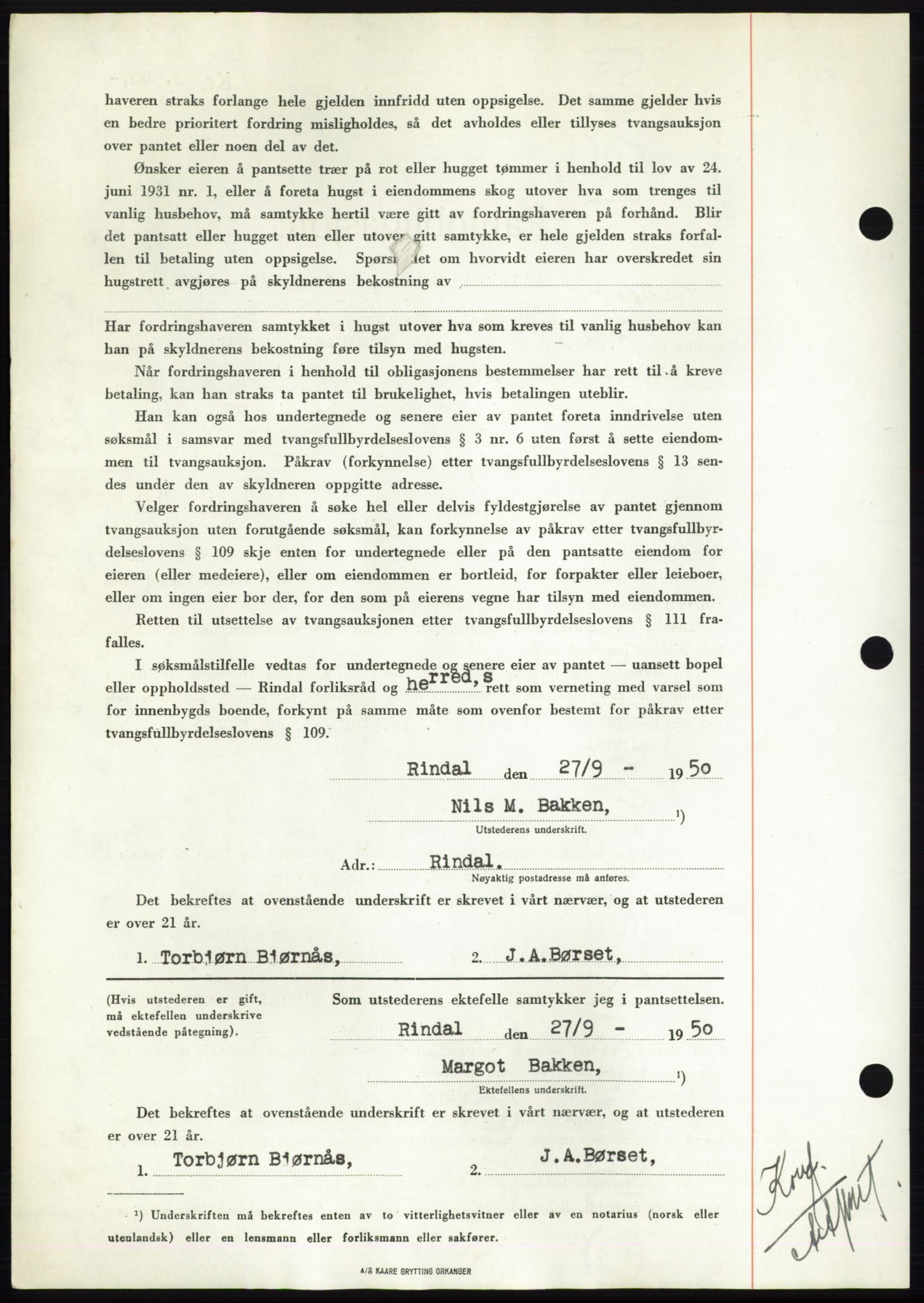 Nordmøre sorenskriveri, AV/SAT-A-4132/1/2/2Ca: Mortgage book no. B106, 1950-1950, Diary no: : 3301/1950