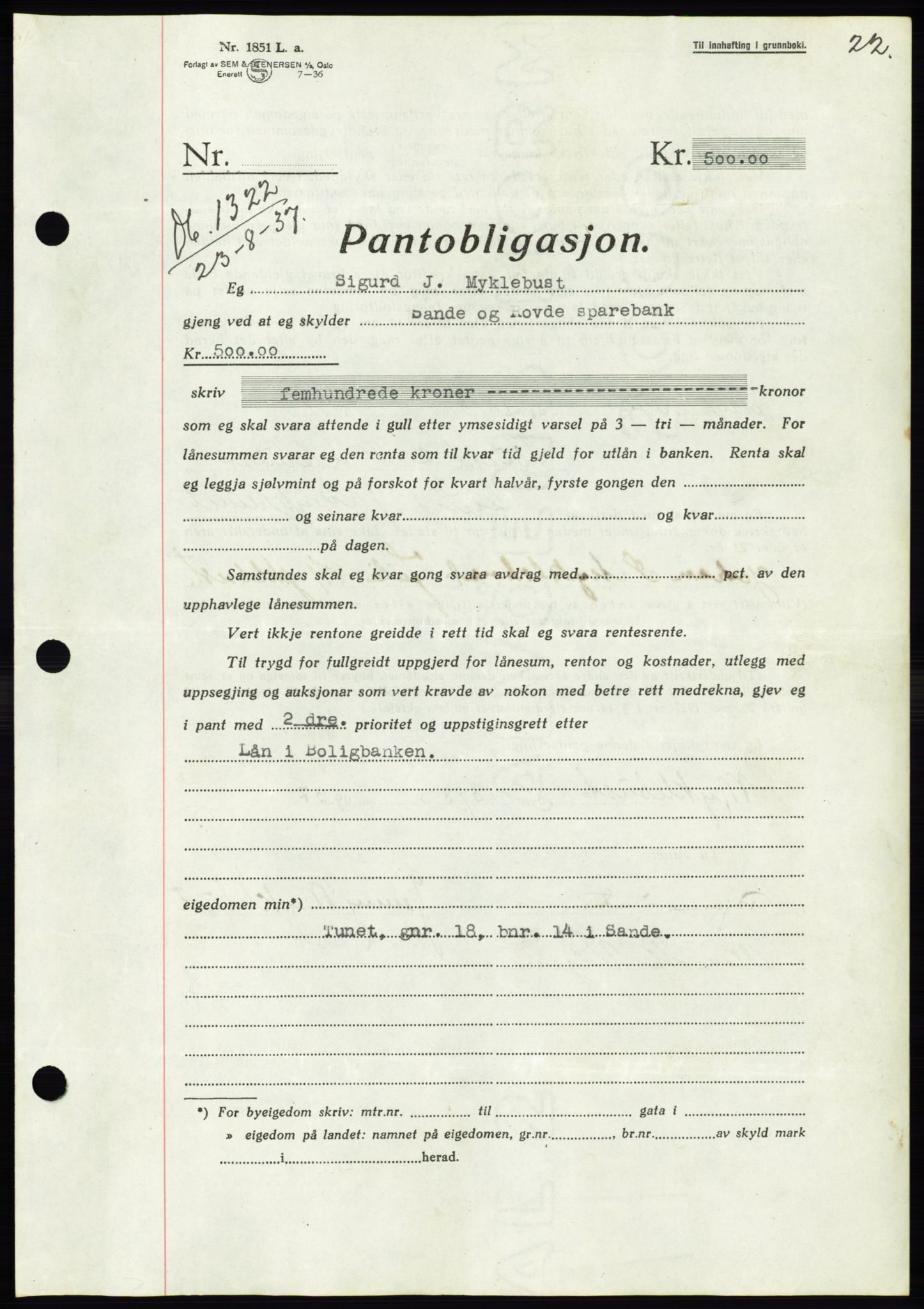 Søre Sunnmøre sorenskriveri, AV/SAT-A-4122/1/2/2C/L0064: Mortgage book no. 58, 1937-1938, Diary no: : 1322/1937