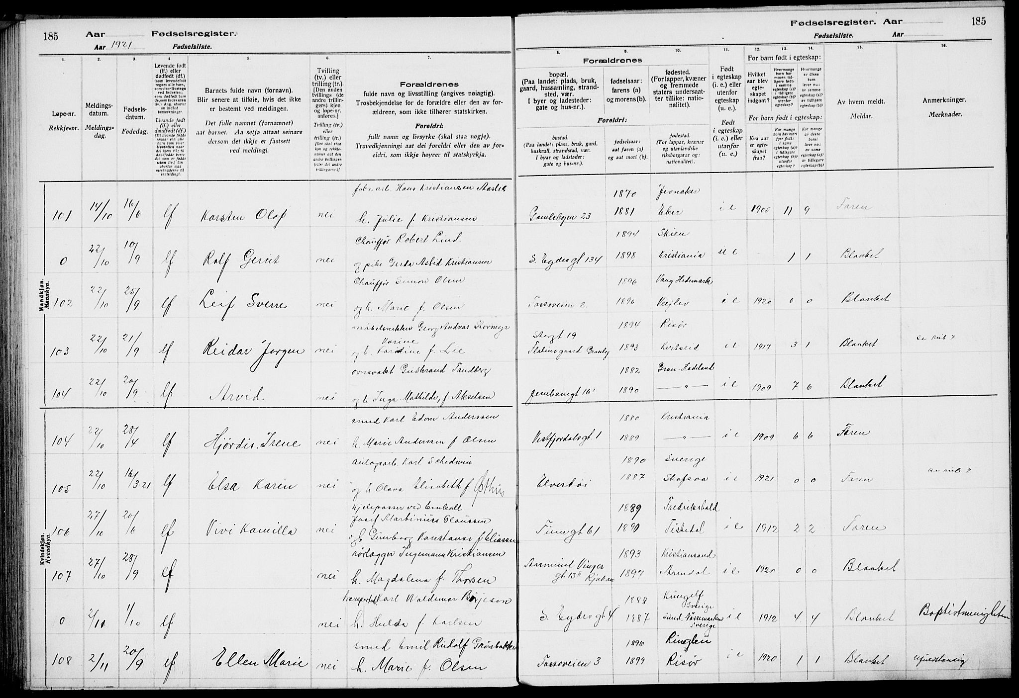 Rjukan kirkebøker, AV/SAKO-A-294/J/Ja/L0001: Birth register no. 1, 1916-1922, p. 185