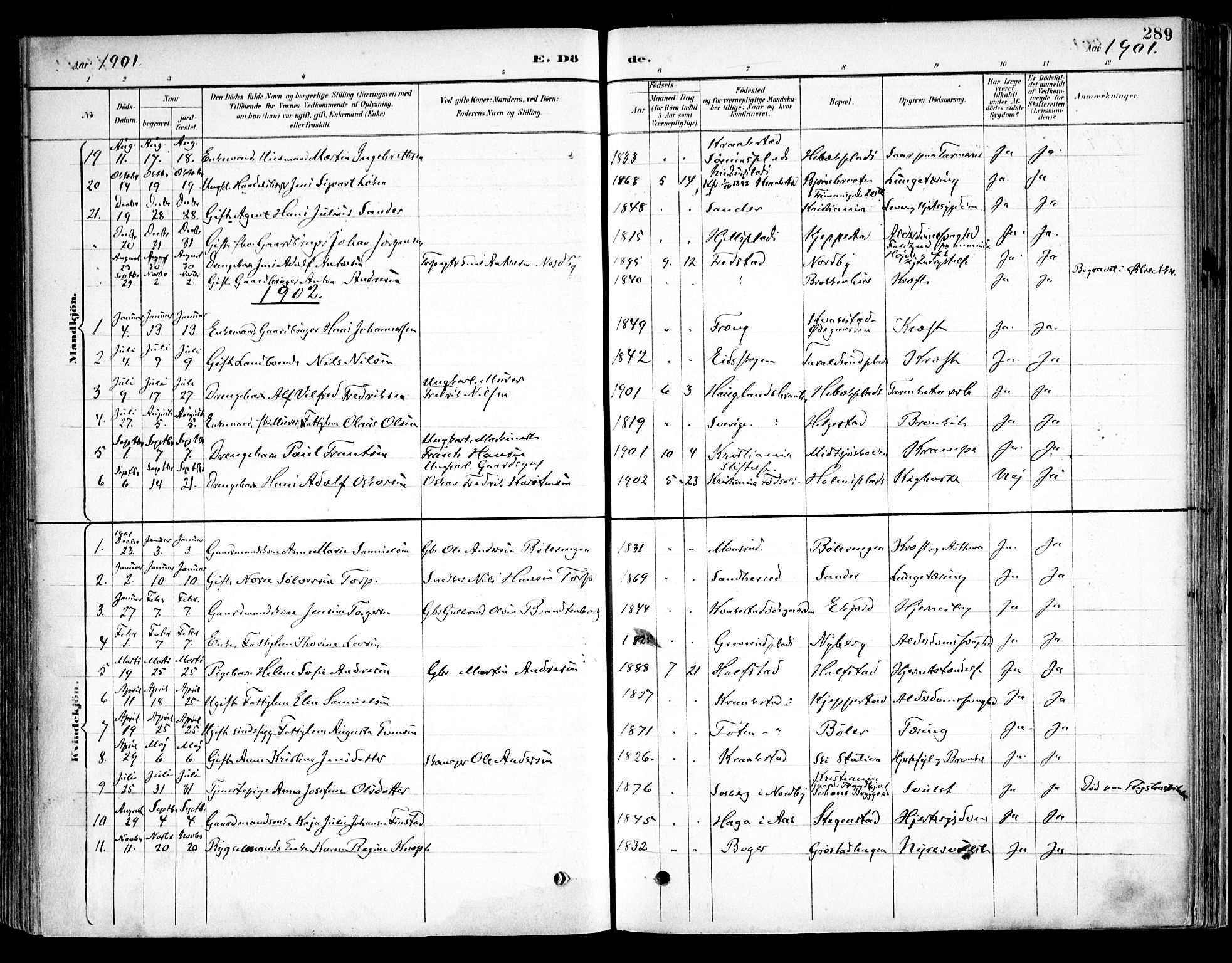 Kråkstad prestekontor Kirkebøker, SAO/A-10125a/F/Fb/L0002: Parish register (official) no. II 2, 1893-1917, p. 289