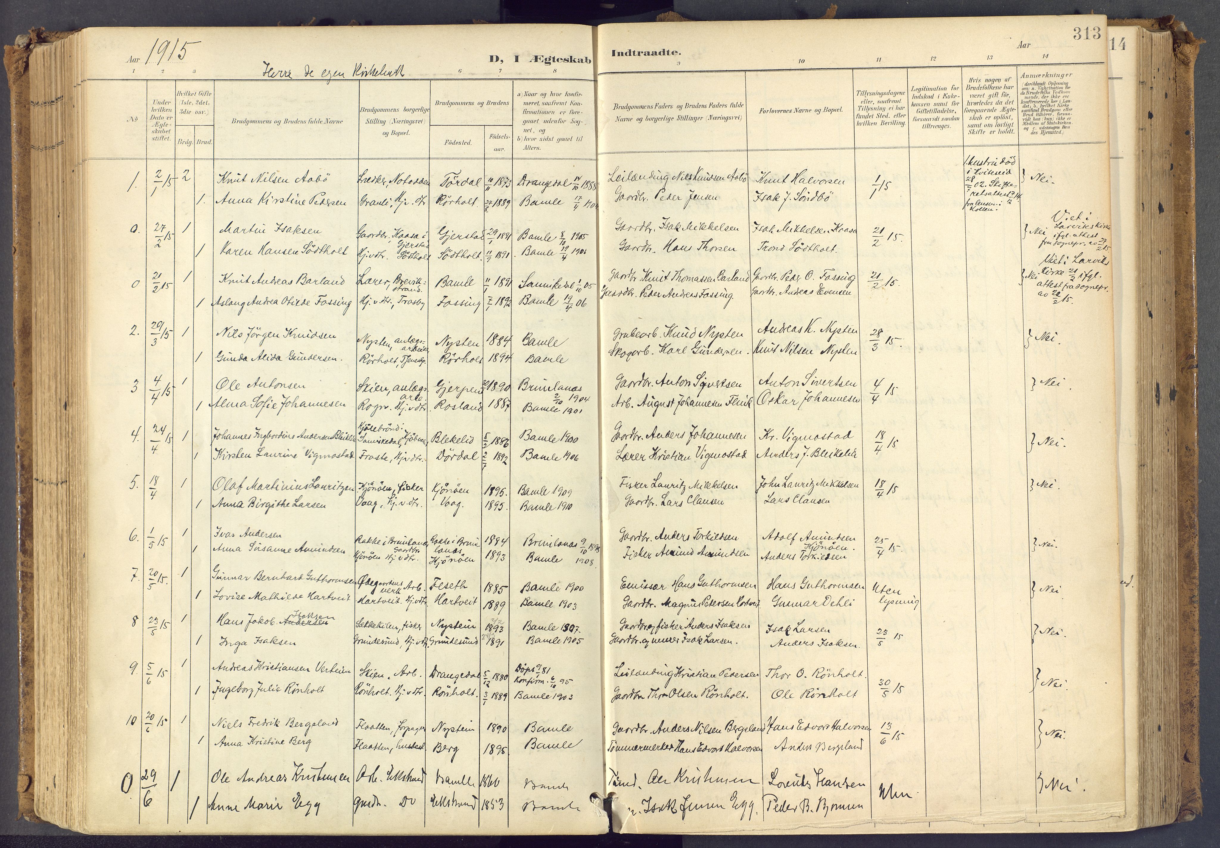 Bamble kirkebøker, SAKO/A-253/F/Fa/L0009: Parish register (official) no. I 9, 1901-1917, p. 313