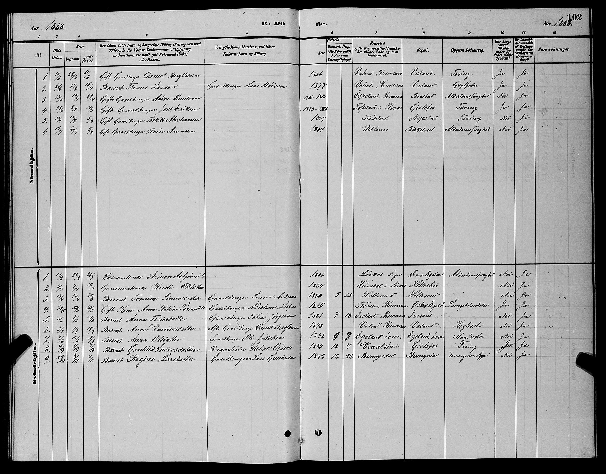 Nord-Audnedal sokneprestkontor, AV/SAK-1111-0032/F/Fb/Fba/L0003: Parish register (copy) no. B 3, 1881-1900, p. 102