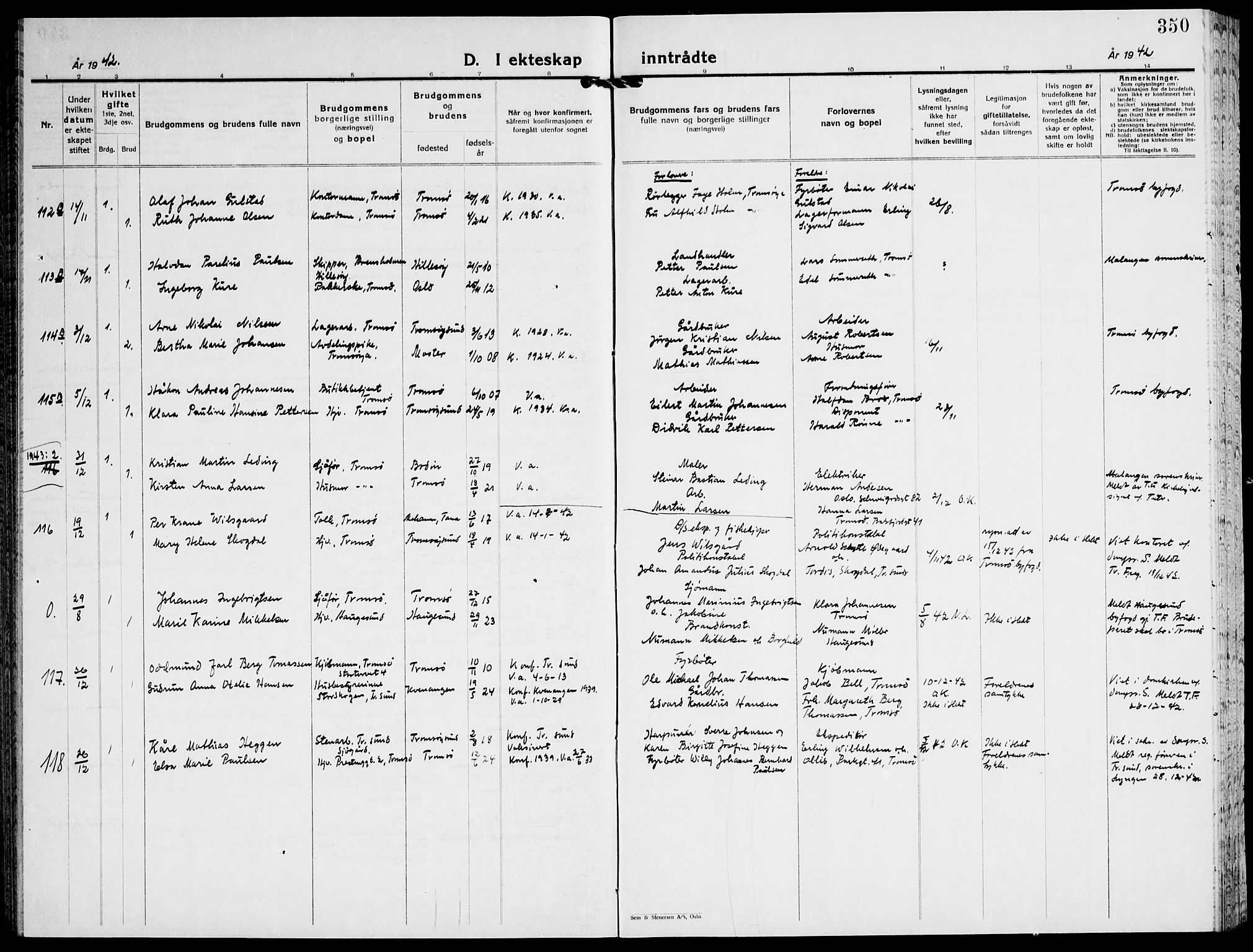 Tromsø sokneprestkontor/stiftsprosti/domprosti, AV/SATØ-S-1343/G/Gb/L0011klokker: Parish register (copy) no. 11, 1942-1944, p. 350