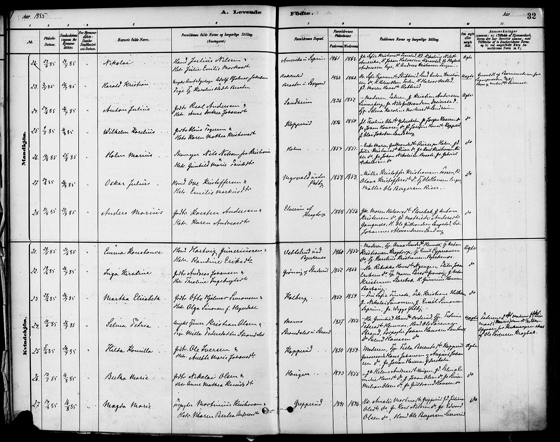 Høland prestekontor Kirkebøker, AV/SAO-A-10346a/F/Fb/L0001: Parish register (official) no. II 1, 1880-1897, p. 32