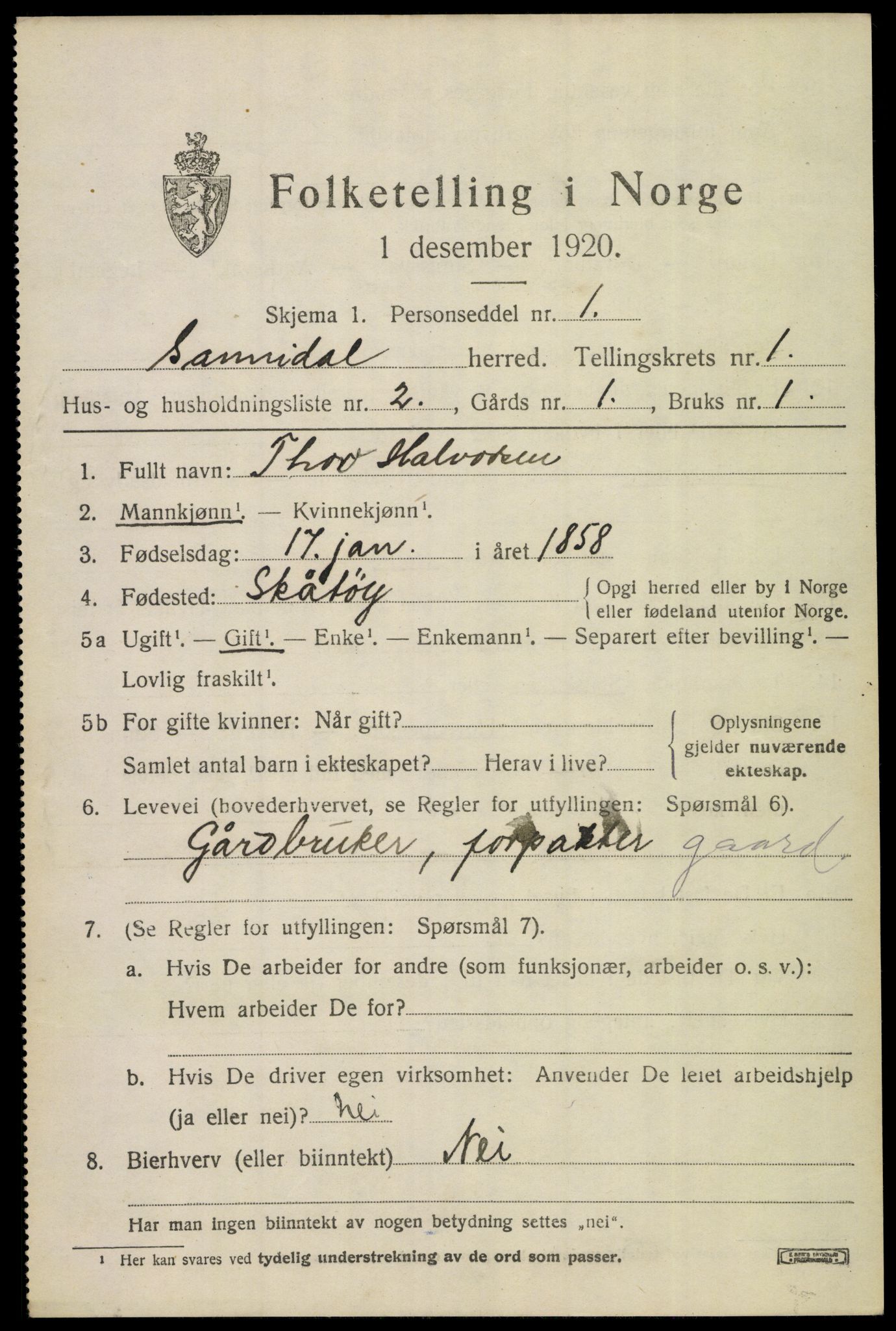 SAKO, 1920 census for Sannidal, 1920, p. 1041