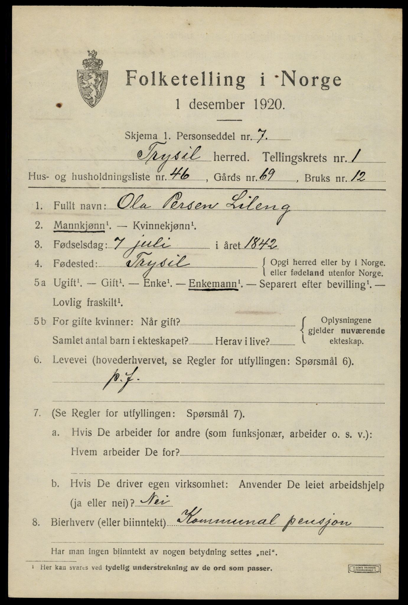 SAH, 1920 census for Trysil, 1920, p. 3087