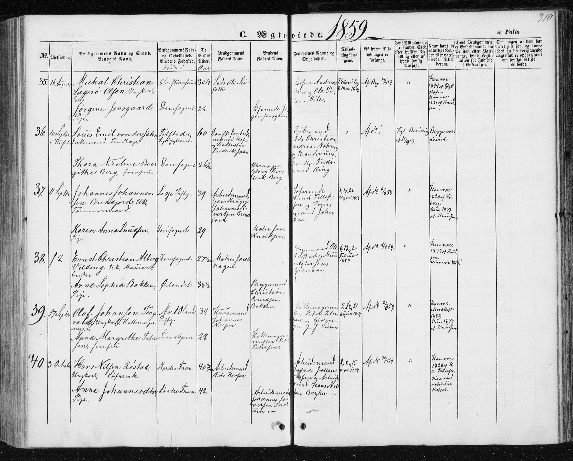 Ministerialprotokoller, klokkerbøker og fødselsregistre - Sør-Trøndelag, SAT/A-1456/602/L0112: Parish register (official) no. 602A10, 1848-1859, p. 310