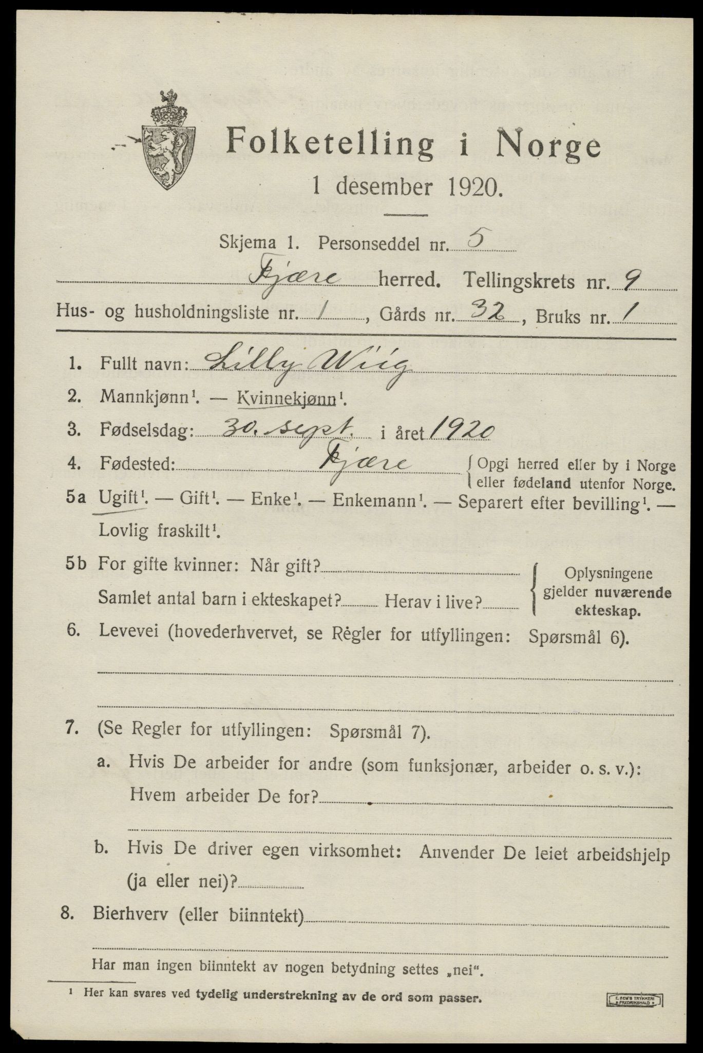 SAK, 1920 census for Fjære, 1920, p. 11207