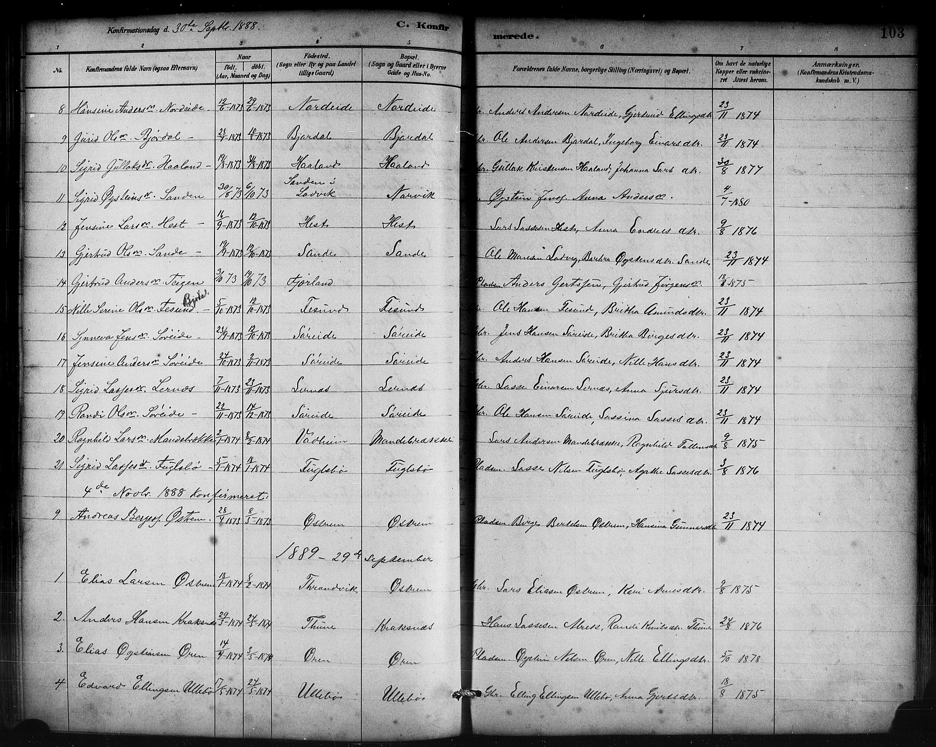 Lavik sokneprestembete, AV/SAB-A-80901: Parish register (copy) no. B 3, 1882-1913, p. 103