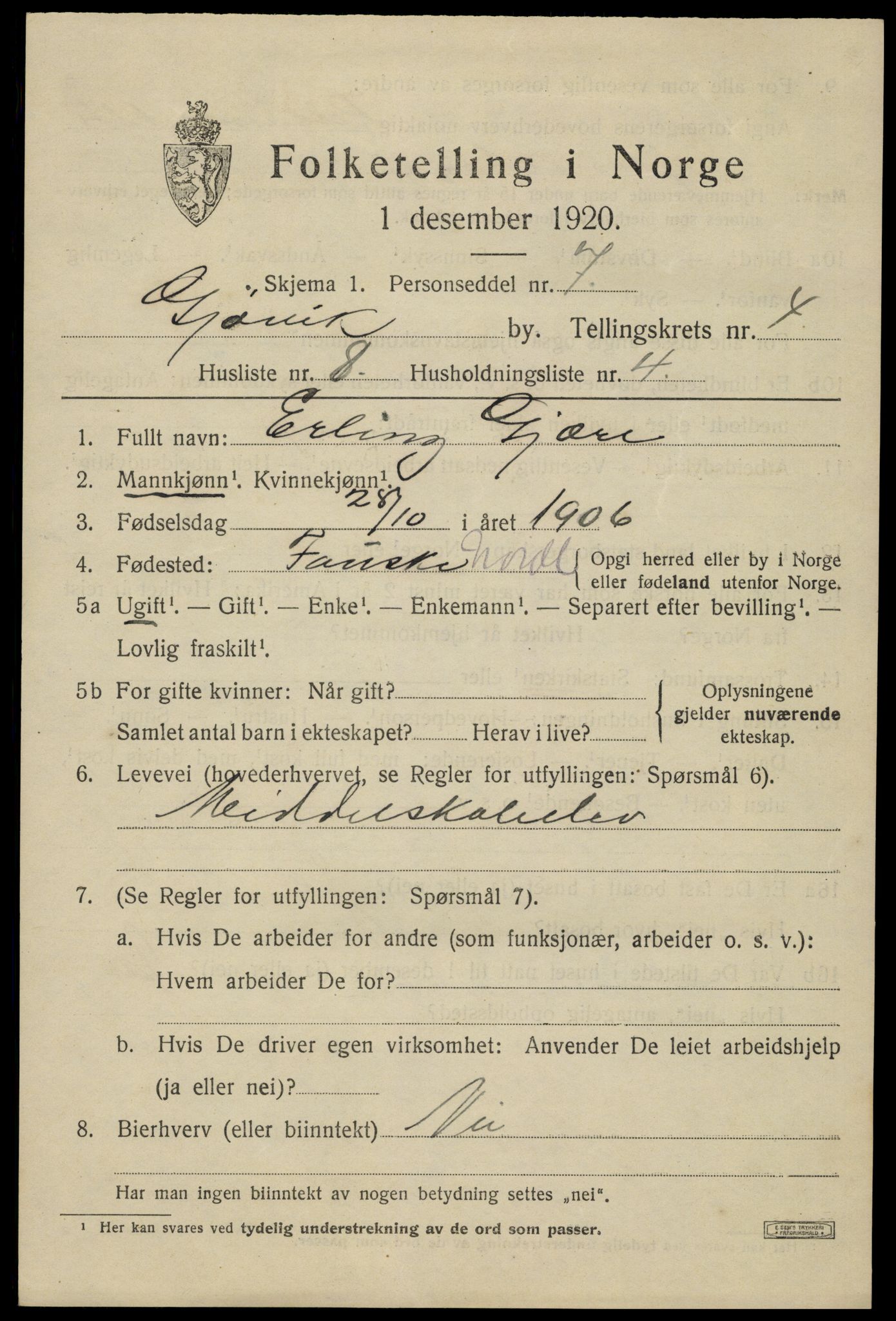 SAH, 1920 census for Gjøvik, 1920, p. 8238