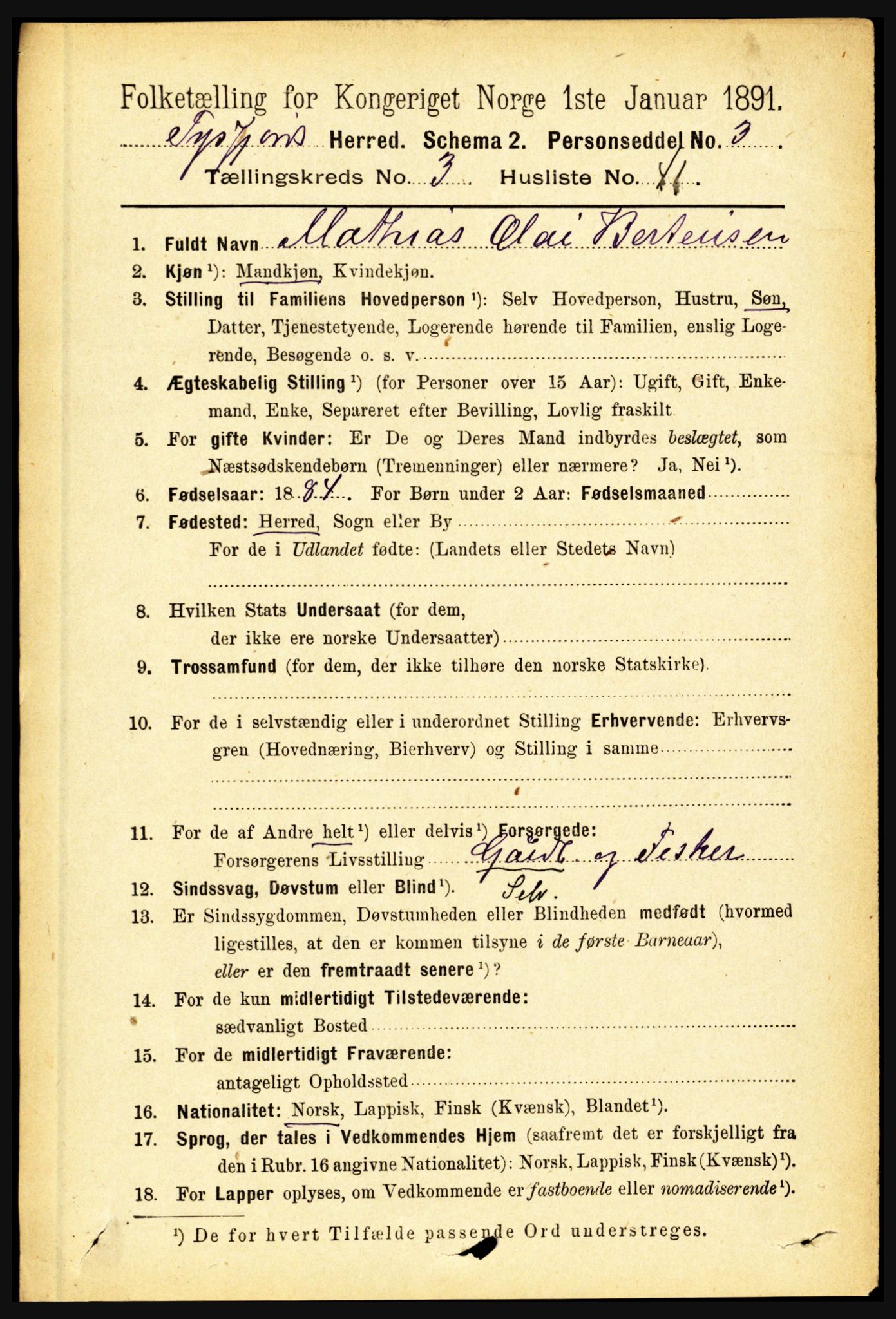 RA, 1891 census for 1850 Tysfjord, 1891, p. 1339