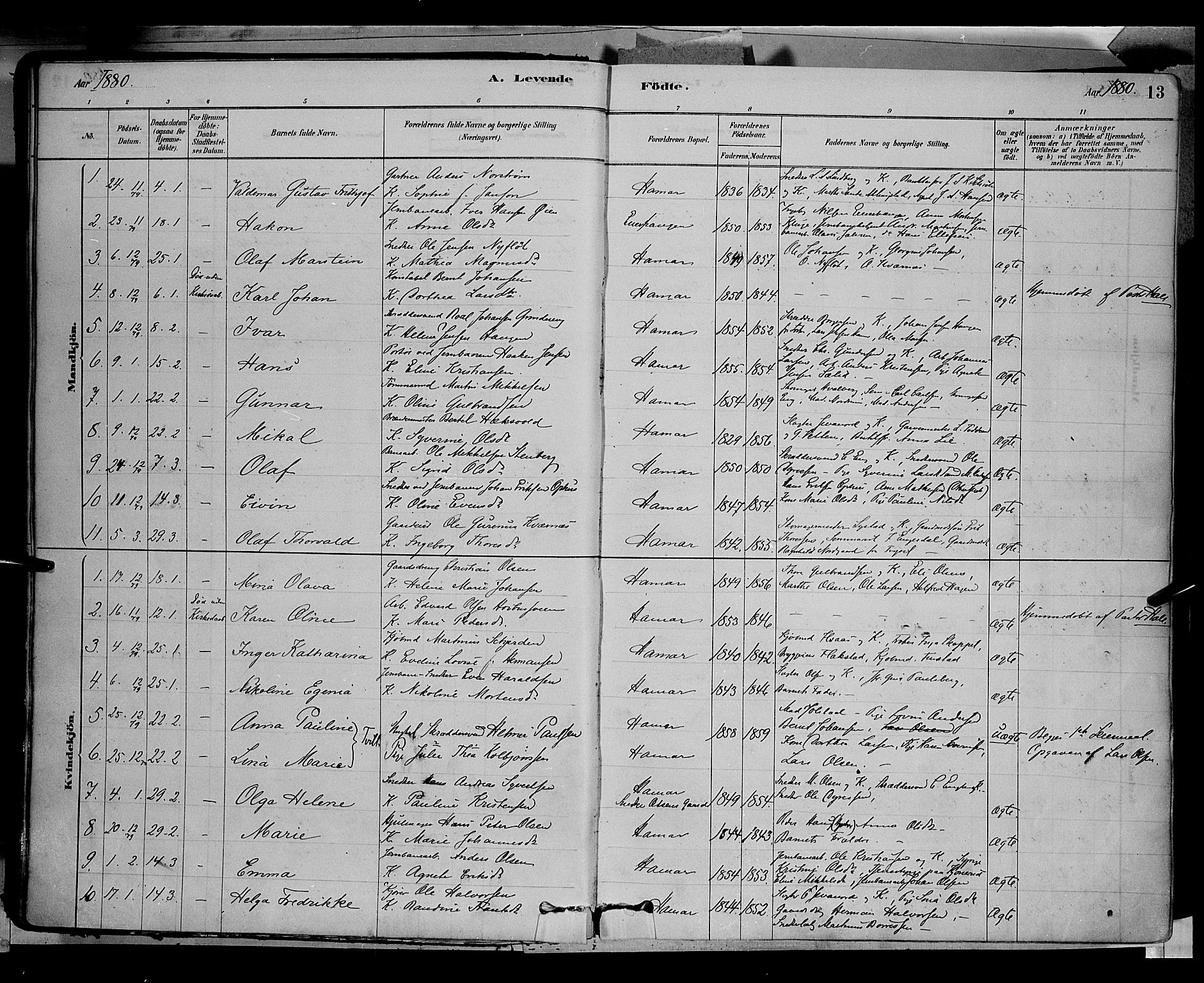 Vang prestekontor, Hedmark, SAH/PREST-008/H/Ha/Haa/L0016: Parish register (official) no. 16, 1878-1889, p. 13