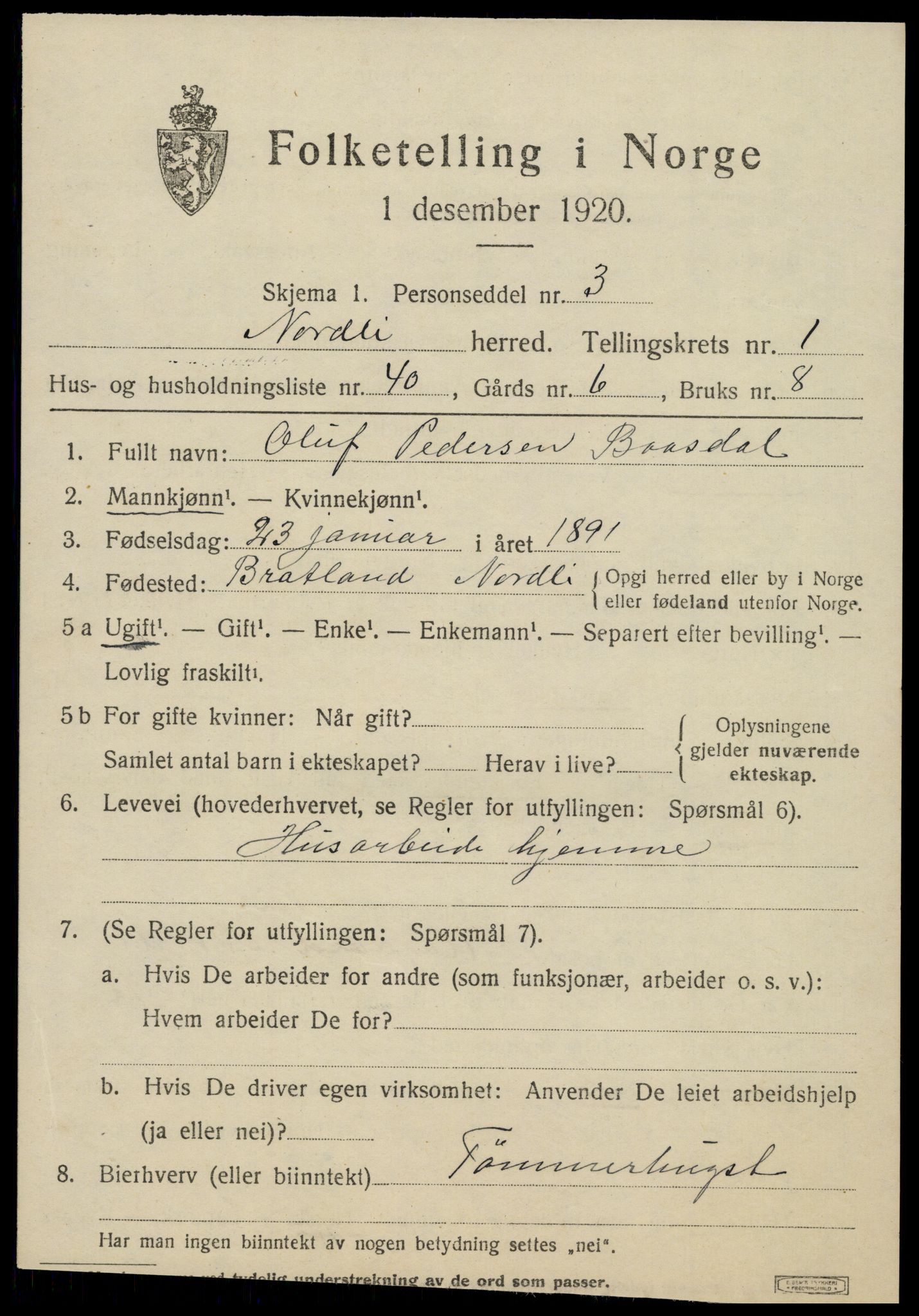 SAT, 1920 census for Nordli, 1920, p. 851