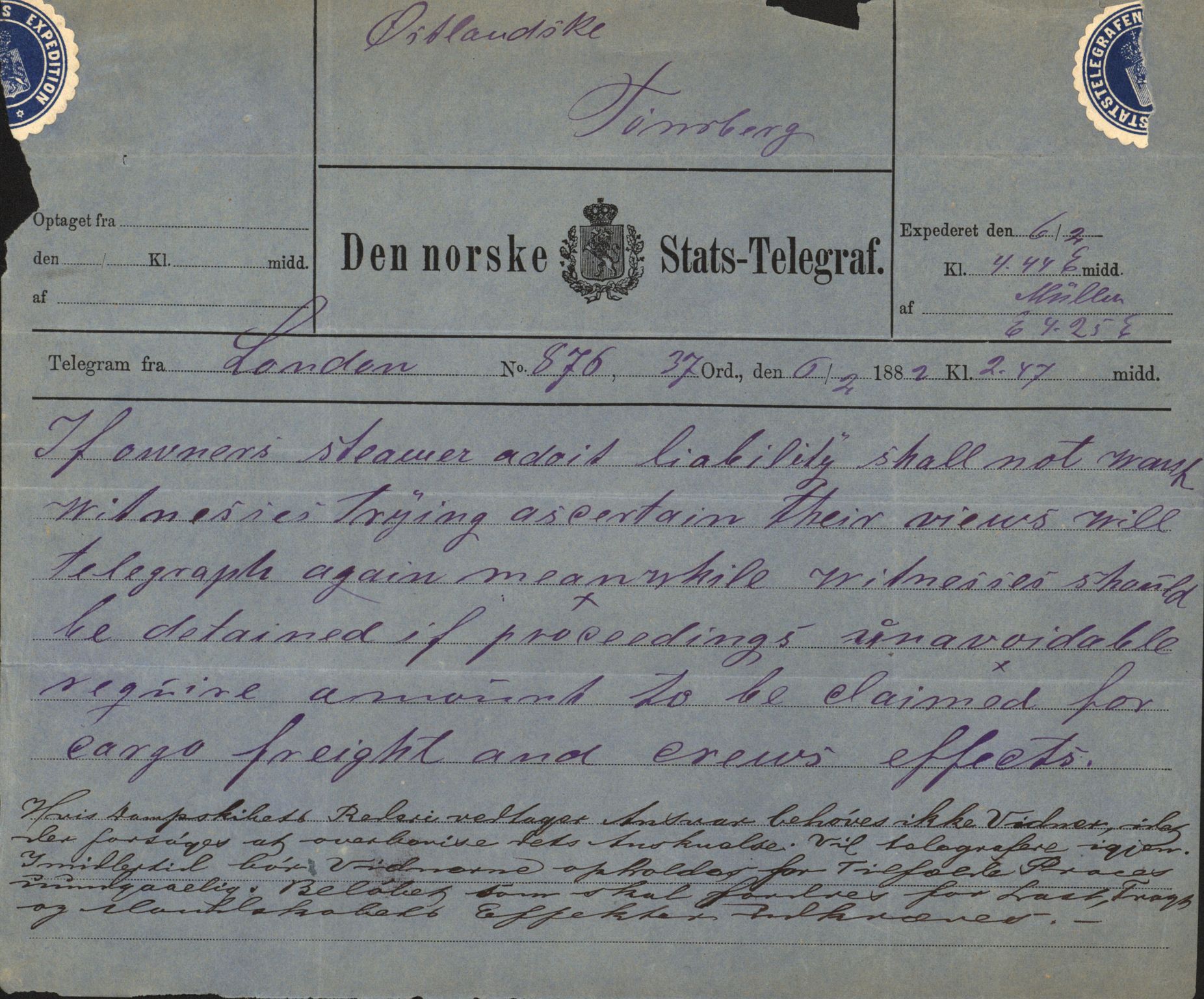 Pa 63 - Østlandske skibsassuranceforening, VEMU/A-1079/G/Ga/L0014/0010: Havaridokumenter / Solveig, Spes & Fides, Framnes, Fosna, 1882, p. 87