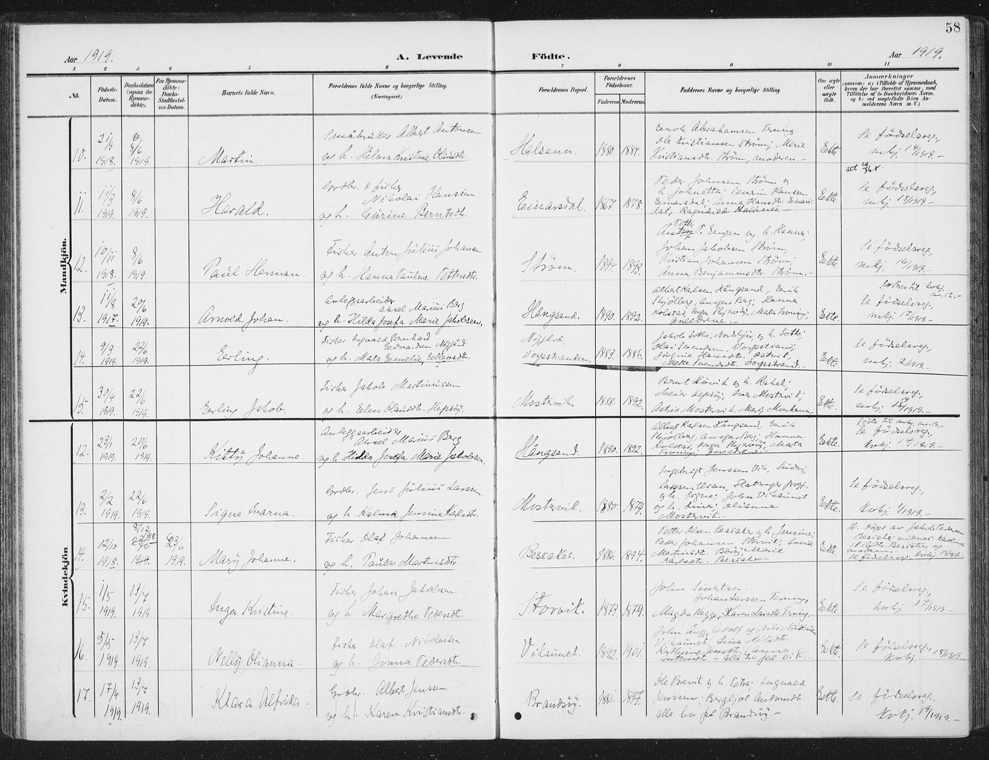 Ministerialprotokoller, klokkerbøker og fødselsregistre - Sør-Trøndelag, AV/SAT-A-1456/657/L0709: Parish register (official) no. 657A10, 1905-1919, p. 58