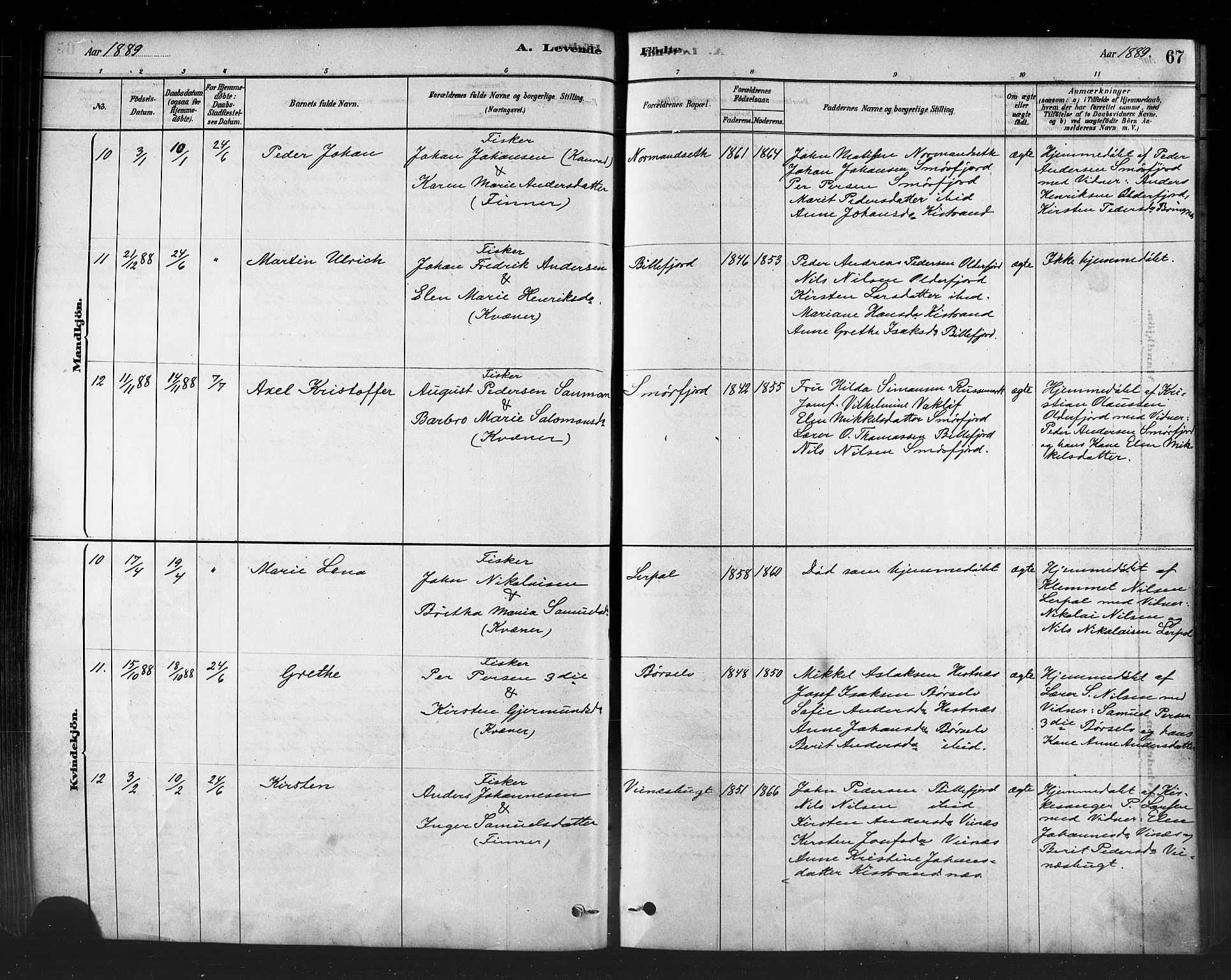 Kistrand/Porsanger sokneprestembete, AV/SATØ-S-1351/H/Ha/L0007.kirke: Parish register (official) no. 7, 1881-1889, p. 67