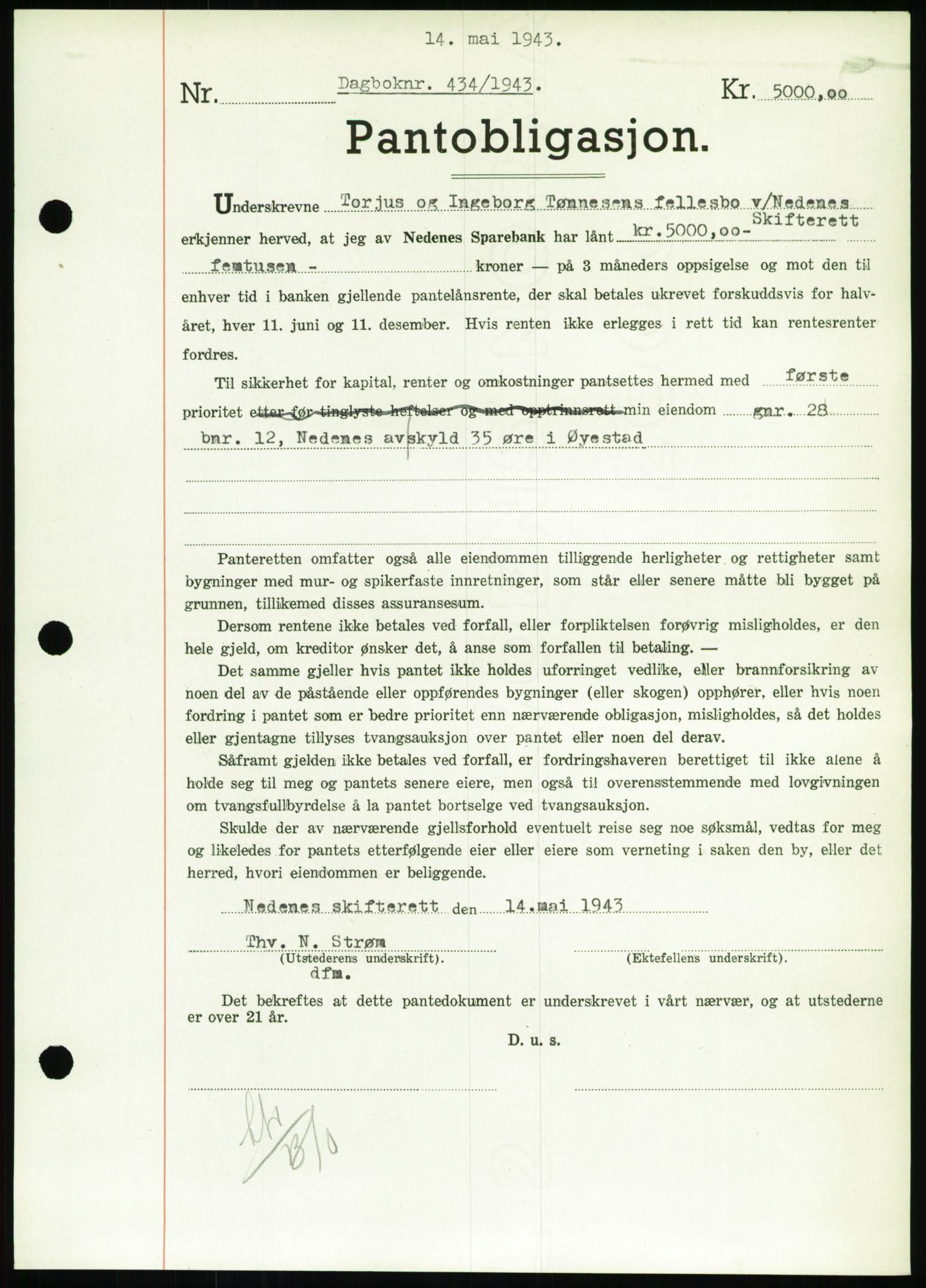 Nedenes sorenskriveri, AV/SAK-1221-0006/G/Gb/Gbb/L0002: Mortgage book no. II, 1942-1945, Diary no: : 434/1943