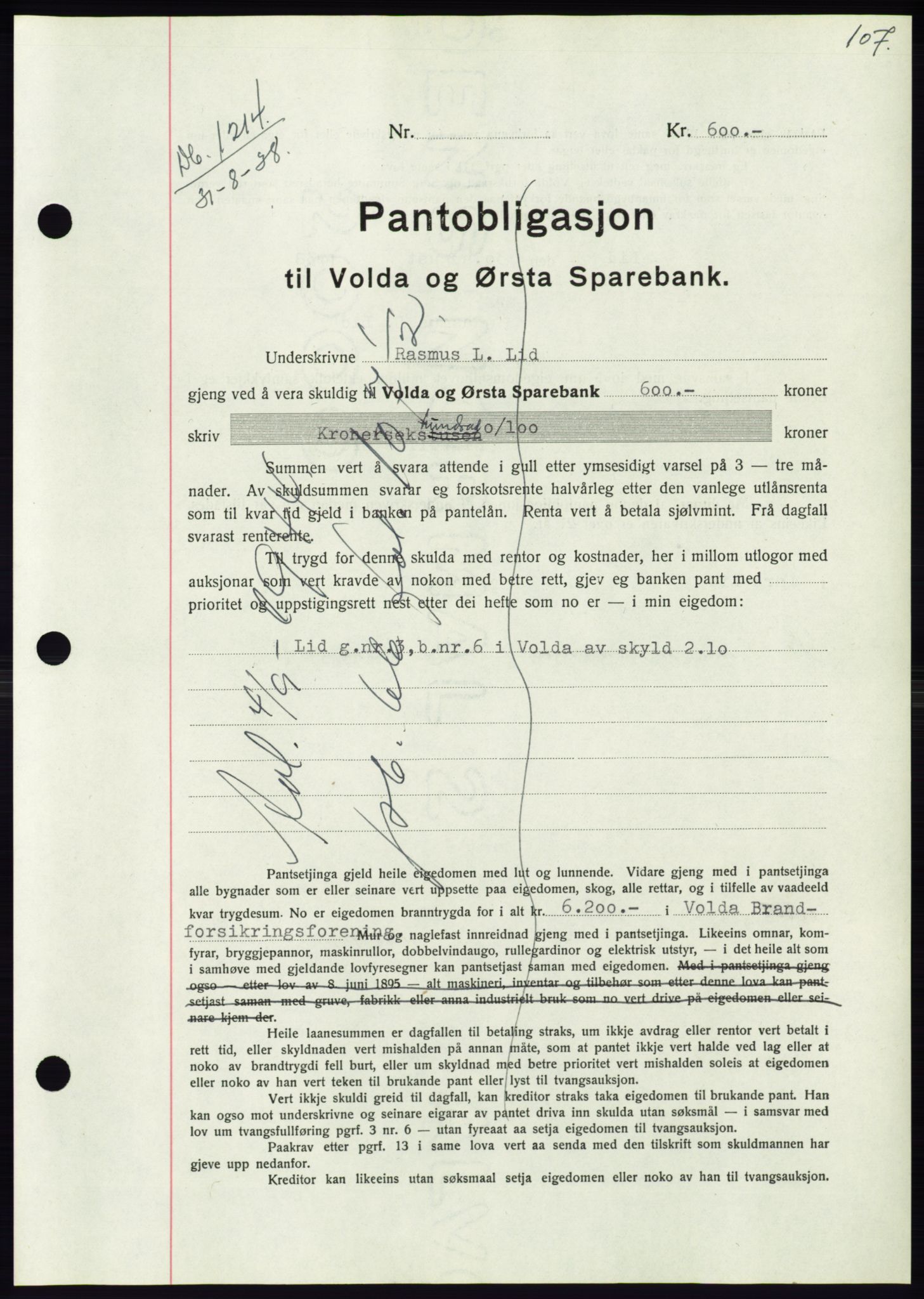 Søre Sunnmøre sorenskriveri, AV/SAT-A-4122/1/2/2C/L0066: Mortgage book no. 60, 1938-1938, Diary no: : 1214/1938