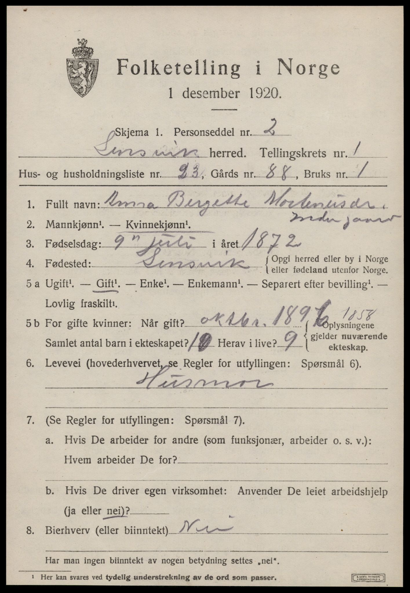 SAT, 1920 census for Lensvik, 1920, p. 666