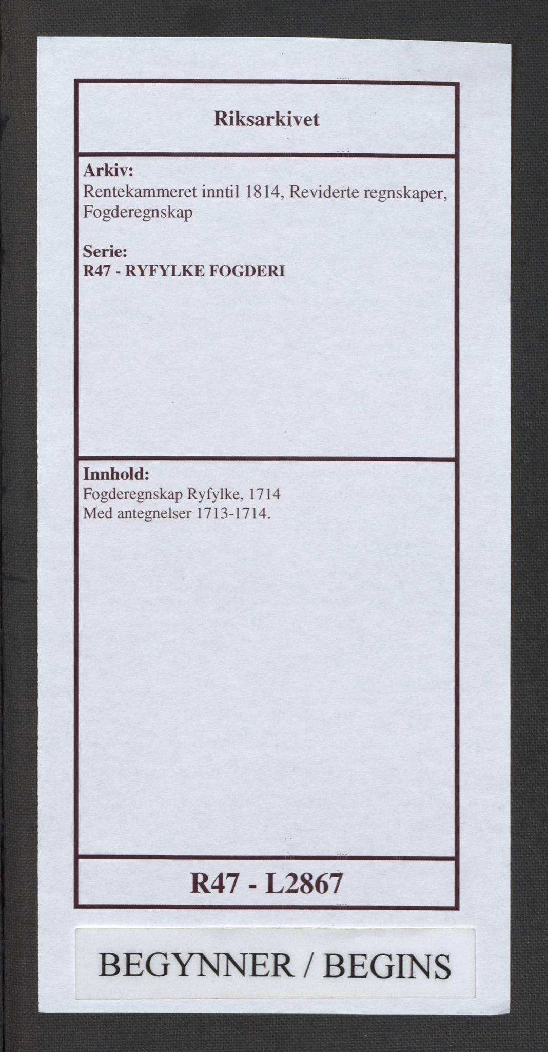 Rentekammeret inntil 1814, Reviderte regnskaper, Fogderegnskap, AV/RA-EA-4092/R47/L2867: Fogderegnskap Ryfylke, 1714, p. 1