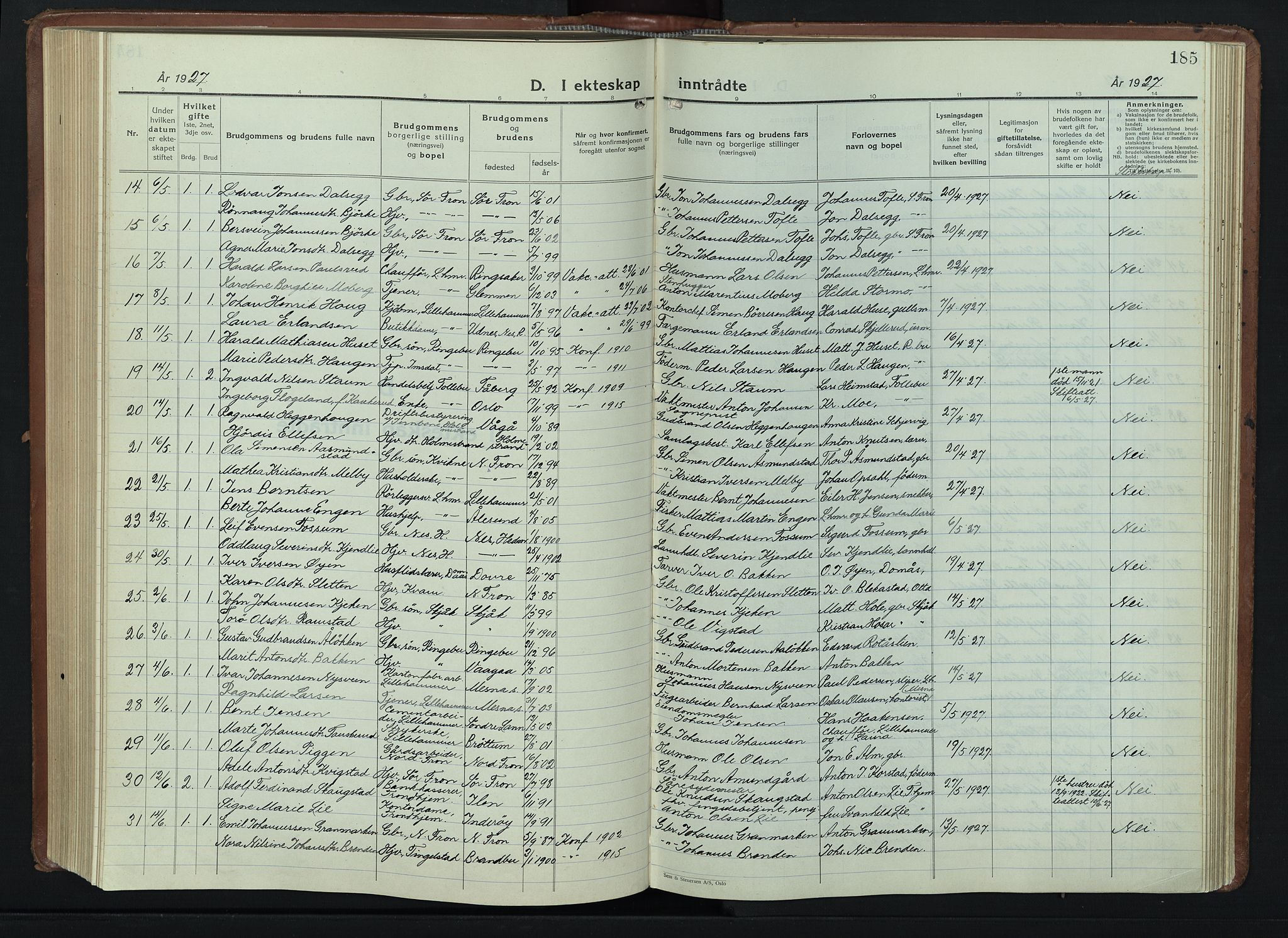 Lillehammer prestekontor, AV/SAH-PREST-088/H/Ha/Hab/L0003: Parish register (copy) no. 3, 1927-1943, p. 185