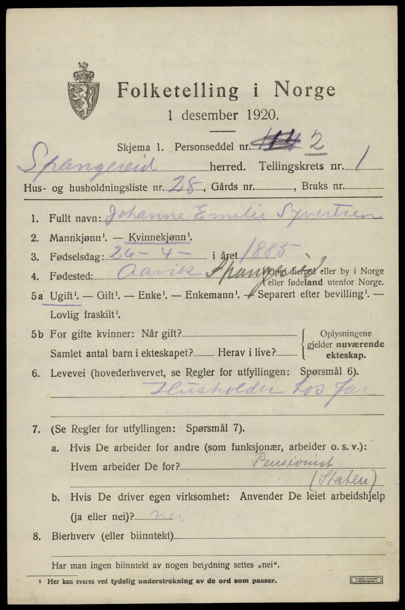 SAK, 1920 census for Spangereid, 1920, p. 1053