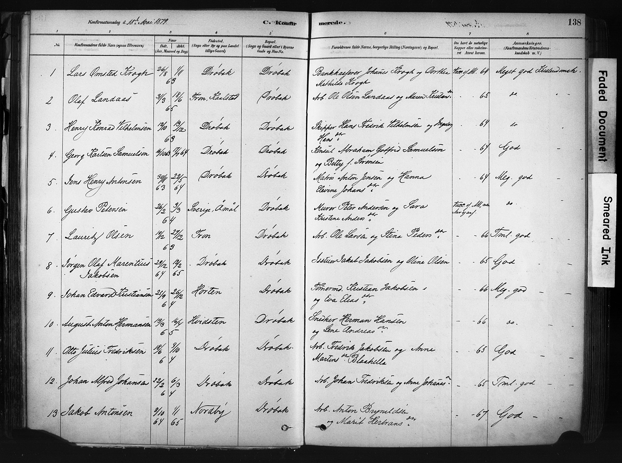 Drøbak prestekontor Kirkebøker, AV/SAO-A-10142a/F/Fb/L0001: Parish register (official) no. II 1, 1878-1891, p. 138