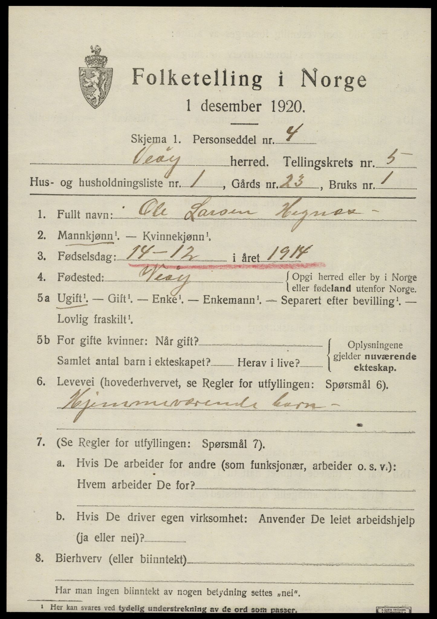 SAT, 1920 census for Veøy, 1920, p. 2329