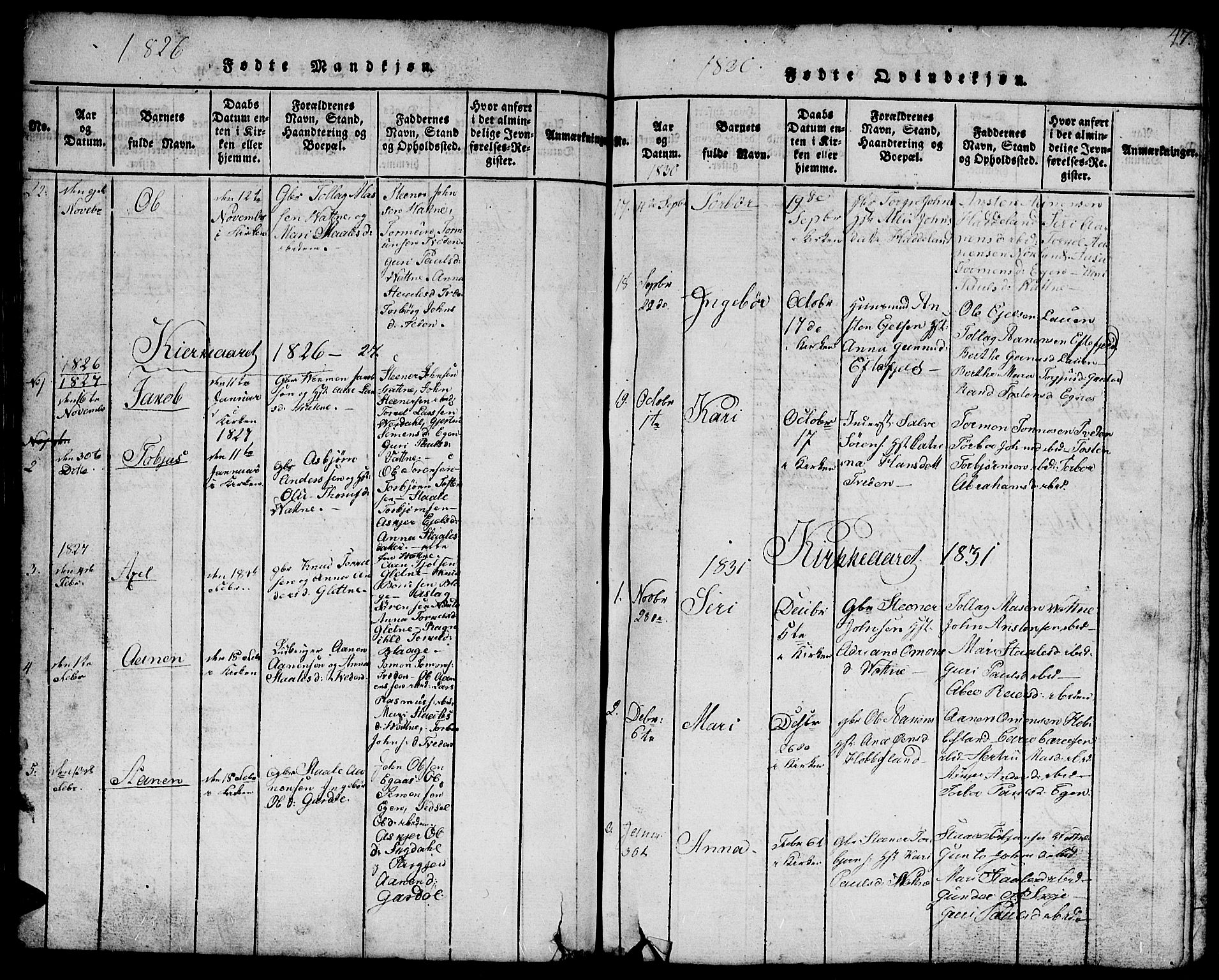 Hægebostad sokneprestkontor, AV/SAK-1111-0024/F/Fb/Fbb/L0001: Parish register (copy) no. B 1, 1816-1850, p. 47