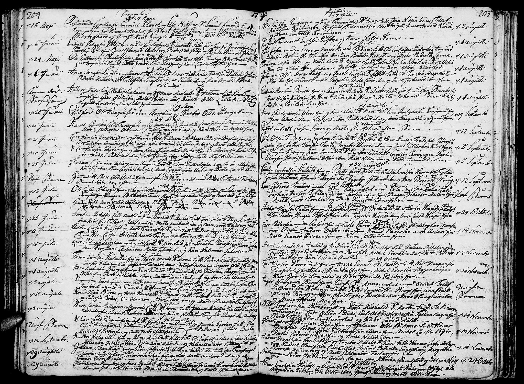 Ringsaker prestekontor, AV/SAH-PREST-014/K/Ka/L0003: Parish register (official) no. 3, 1775-1798, p. 204-205