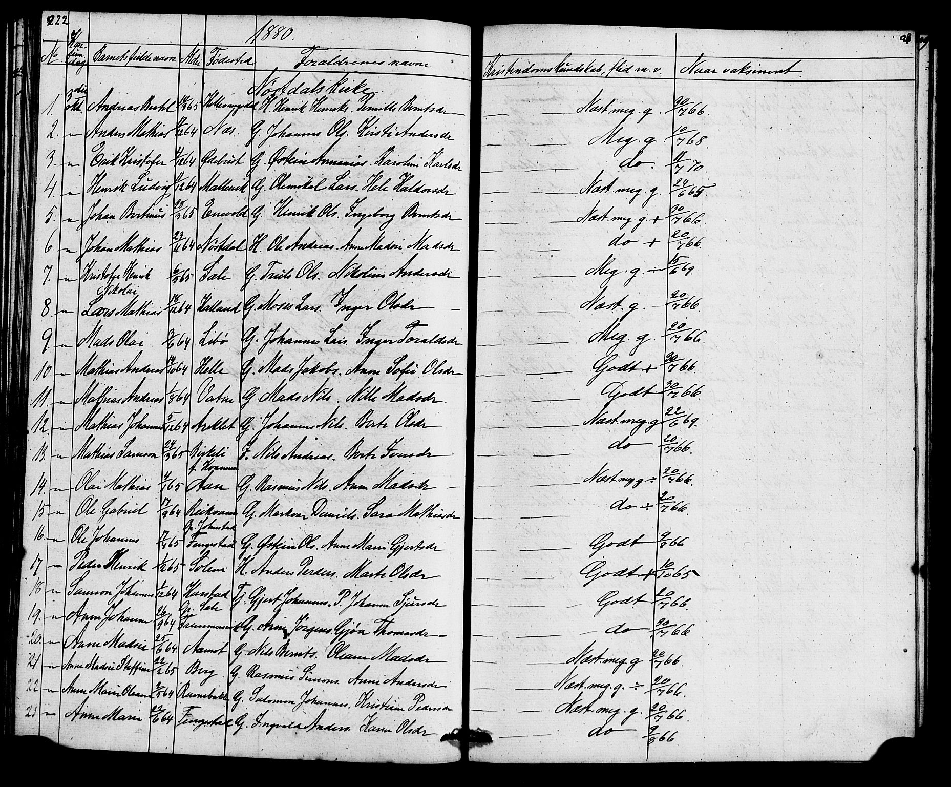 Førde sokneprestembete, SAB/A-79901: Curate's parish register no. A 1, 1870-1881, p. 222-223