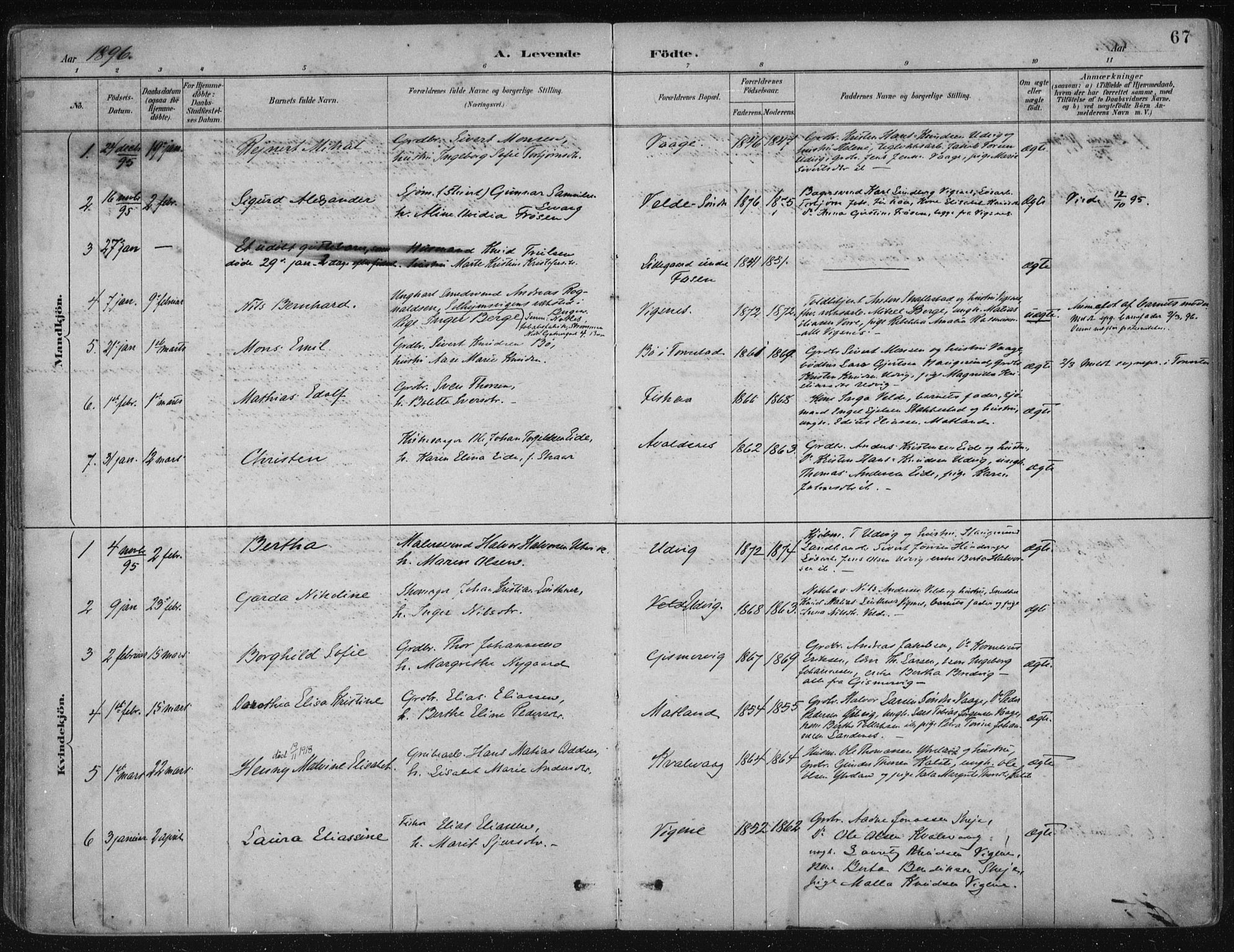 Avaldsnes sokneprestkontor, SAST/A -101851/H/Ha/Haa/L0017: Parish register (official) no. A 17, 1889-1920, p. 67