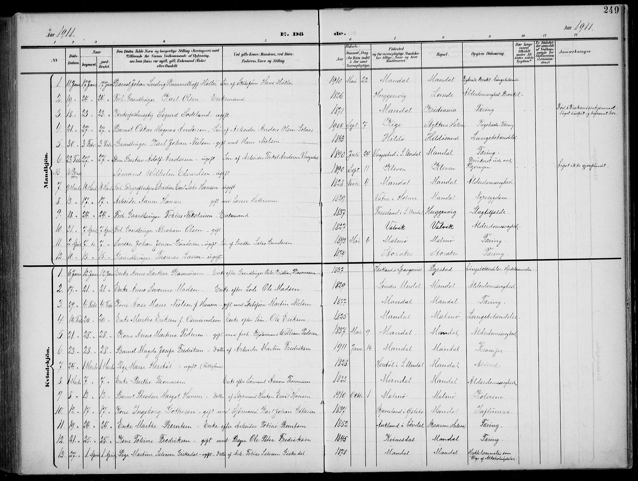 Mandal sokneprestkontor, SAK/1111-0030/F/Fb/Fba/L0012: Parish register (copy) no. B 6, 1899-1918, p. 249