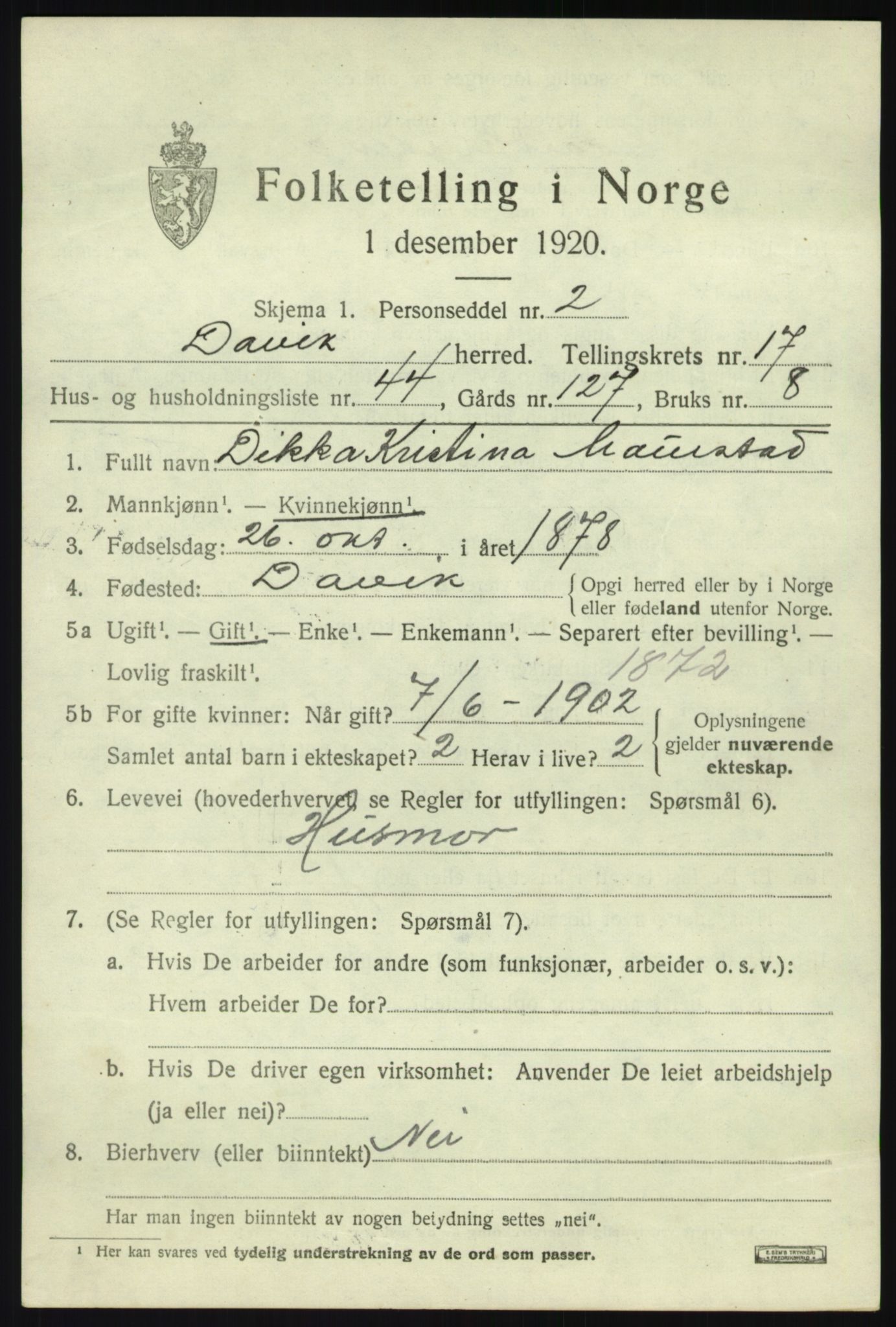 SAB, 1920 census for Davik, 1920, p. 8127