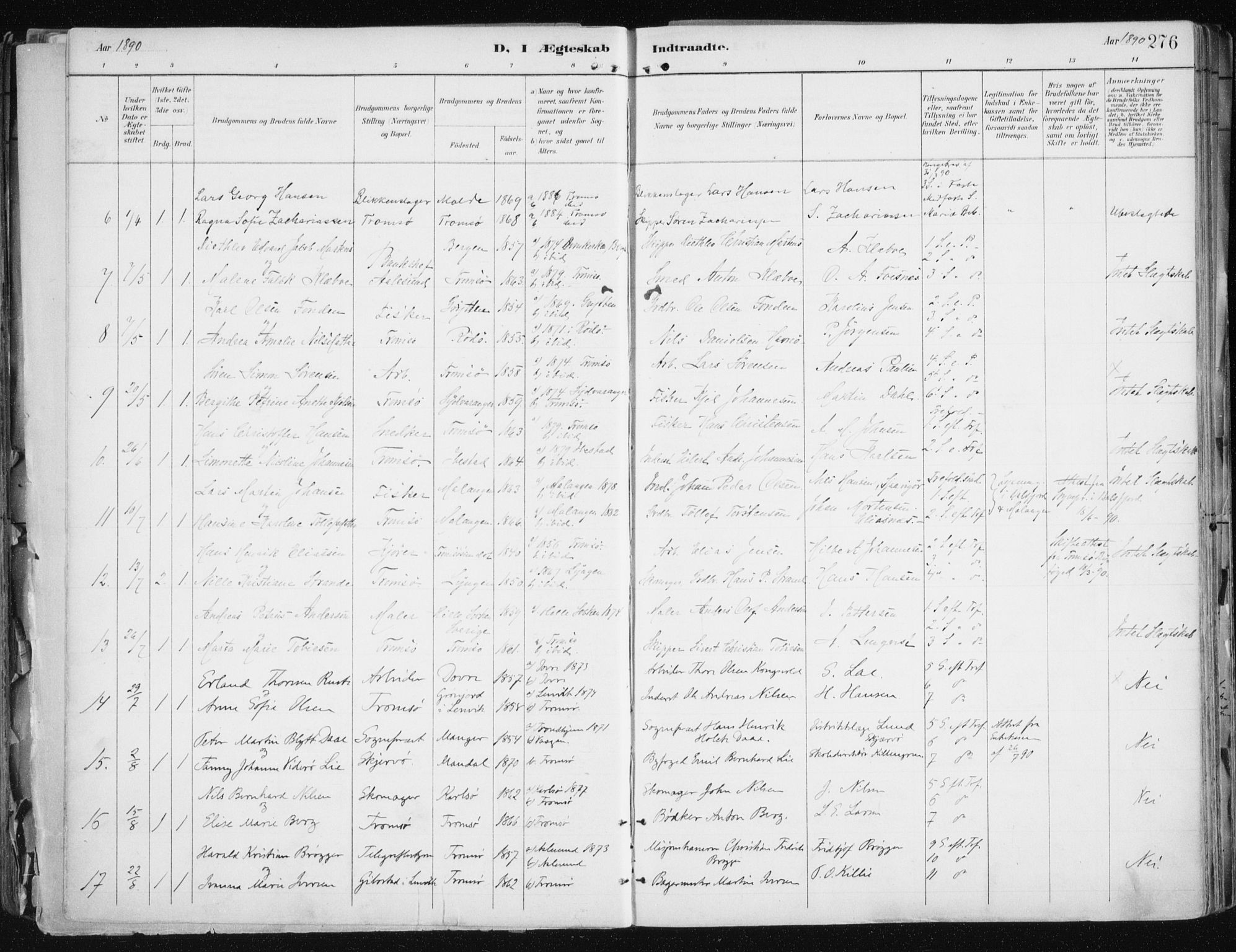 Tromsø sokneprestkontor/stiftsprosti/domprosti, SATØ/S-1343/G/Ga/L0015kirke: Parish register (official) no. 15, 1889-1899, p. 276